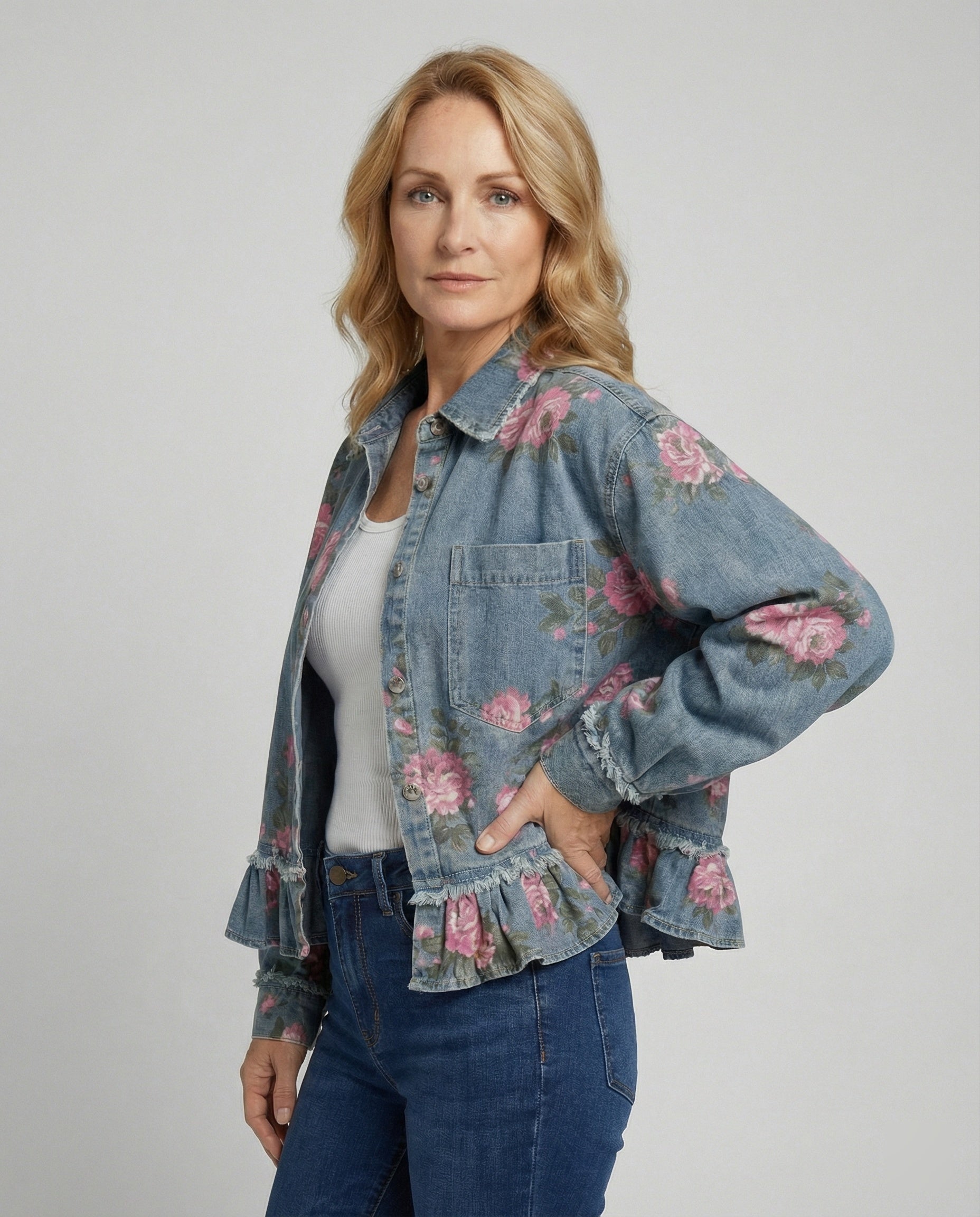 Women’s denim jacket short with floral print