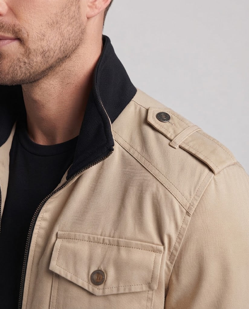 Men's field jacket with stand-up collar, checkered lining, and epaulettes Chichicherry