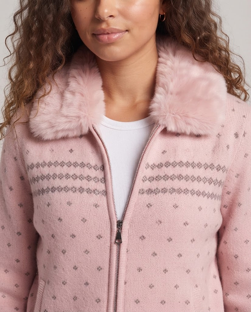Women's knitted hoodie jacket with faux fur trim and zipper Chichicherry