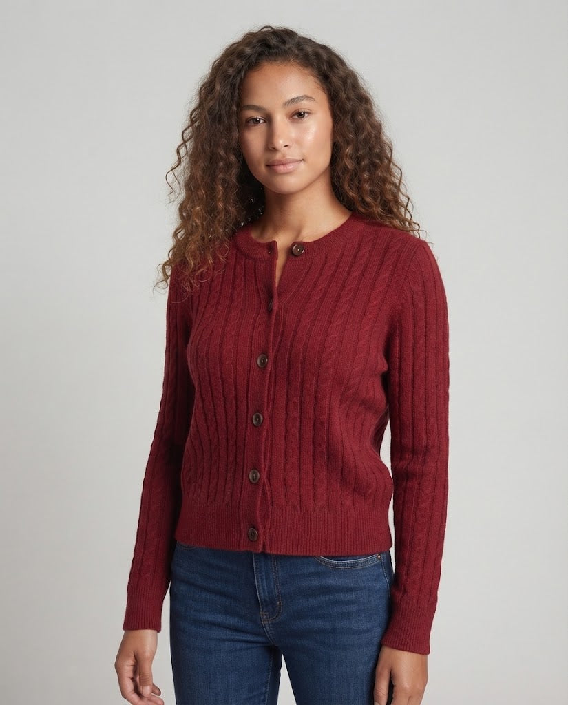 Women's Short-Cut Cable Knit Cardigan with Drawstring and Horn Button Placket Chichicherry