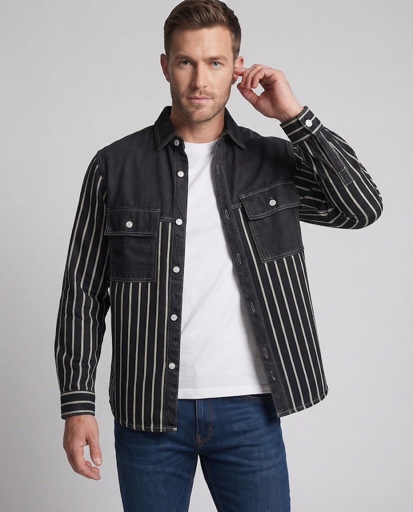 Men's overshirt in utility look with denim detailing and vertical stripes Chichicherry