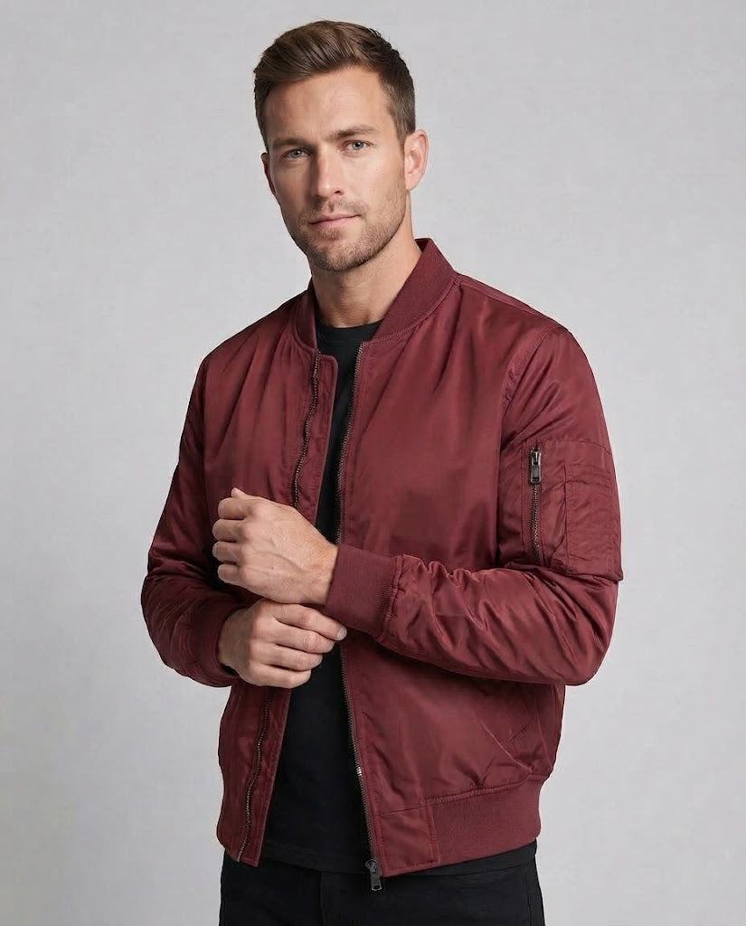 Men's nylon bomber jacket in pilot style with arm pocket, ribbed cuffs, and light thermal lining Chichicherry