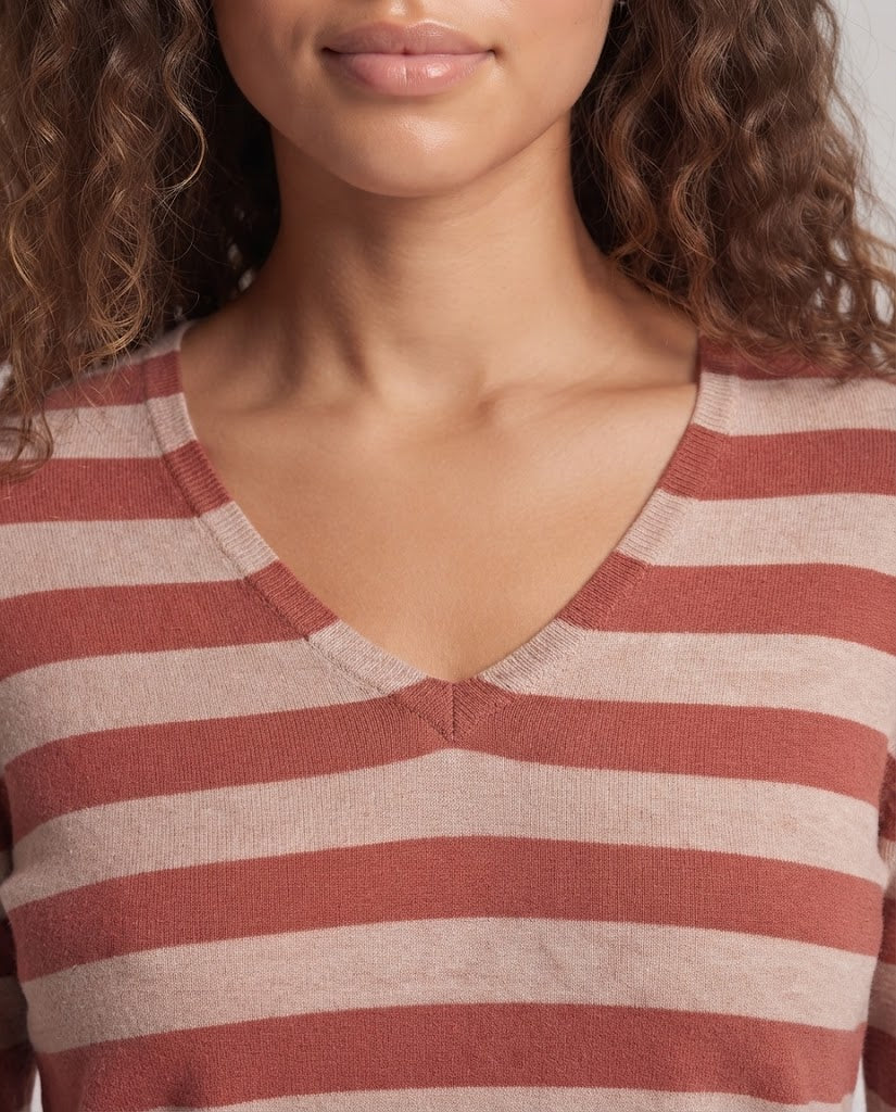 Women's Striped Fine Knit Sweater with V-Neck and Casual Oversized Fit Chichicherry