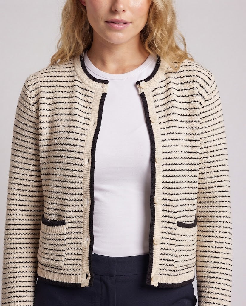 Women Short-Cut Cardigan with Contrast Cuffs and Patch Pockets Chichicherry