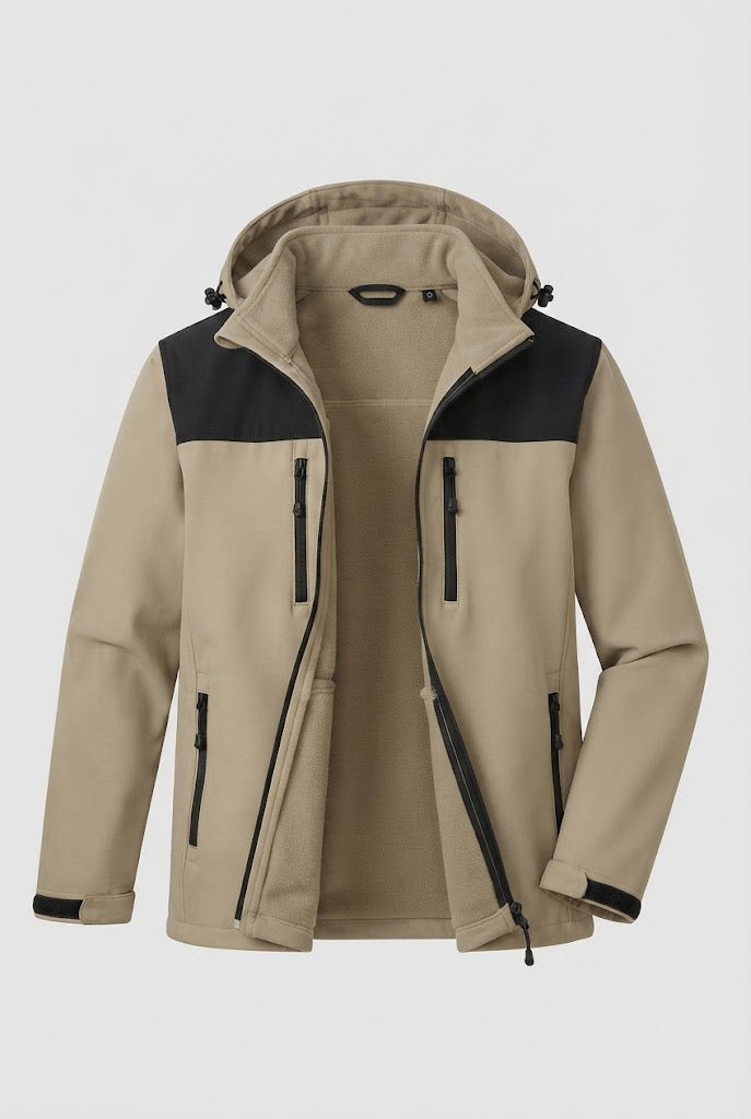 Men's Two-Layer Softshell Outdoor Jacket with Removable Fleece Inner Jacket and Hood Chichicherry