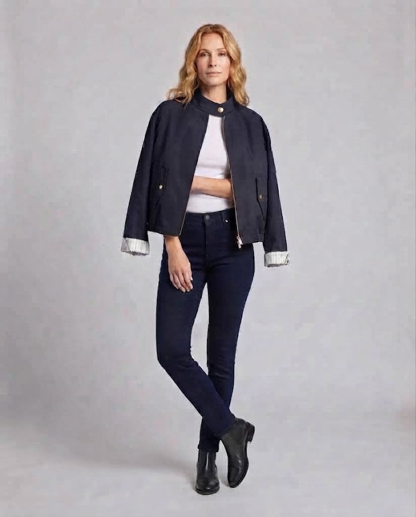 Women's Cropped Utility Jacket with Stand Collar, Drawstring Hem and Gold-Colored Details Chichicherry