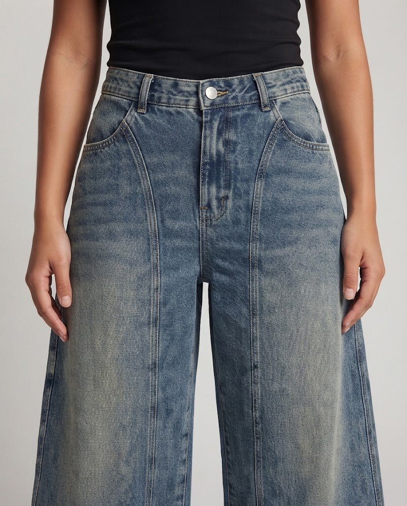 Women's Ultra Wide Baggy Denim Pants with High Waist and Floor-Length Hem Chichicherry