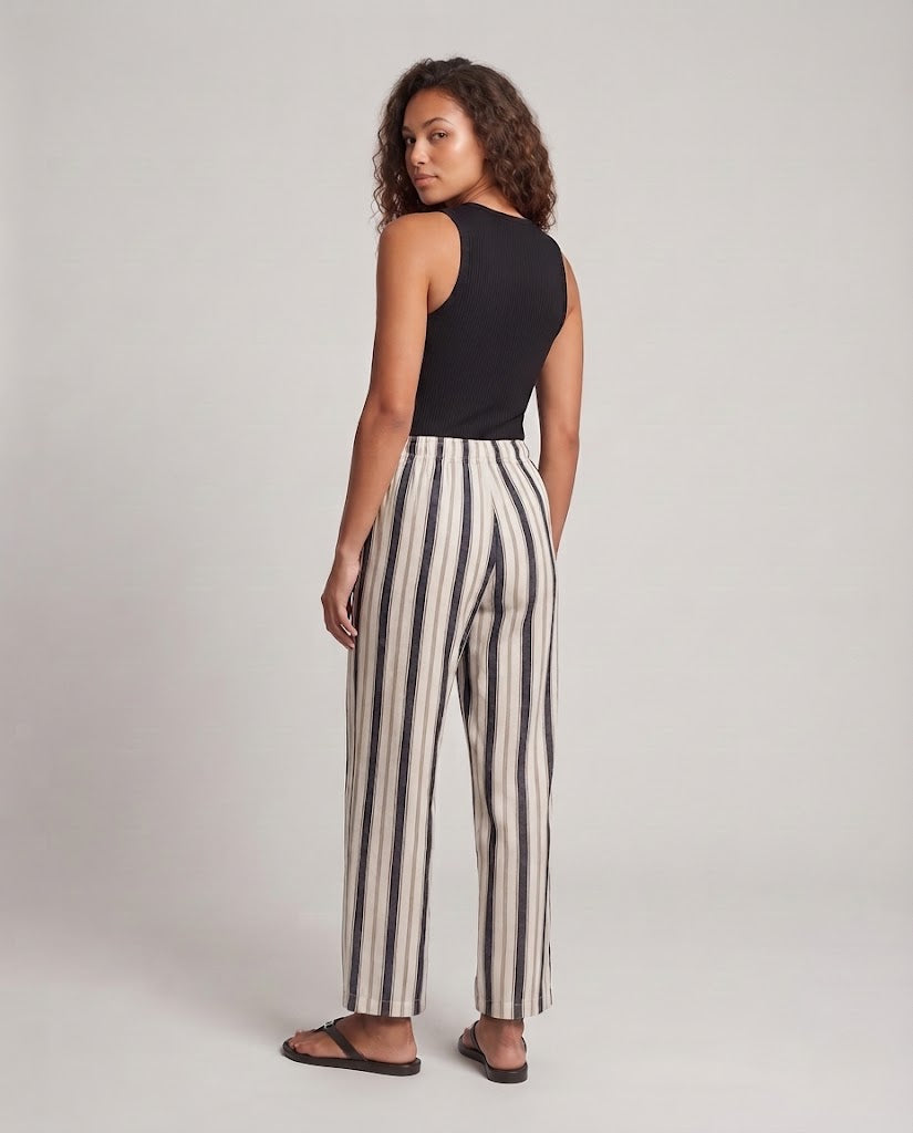 Women's Wide Linen Blend Pants with Elastic Waistband and Vertical Stripe Look Chichicherry