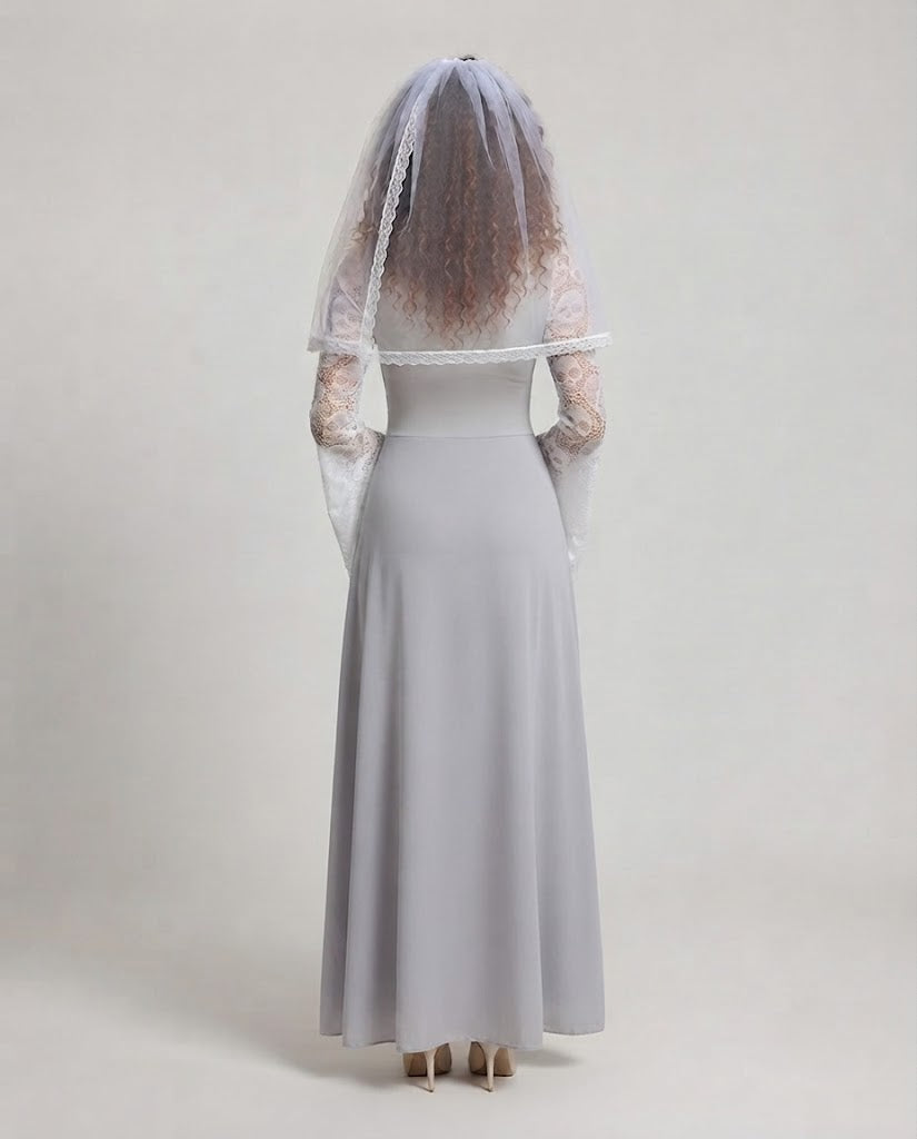 Ladies Romantic Wedding Dress with Lace Appliqués and Elegant Veil Chichicherry