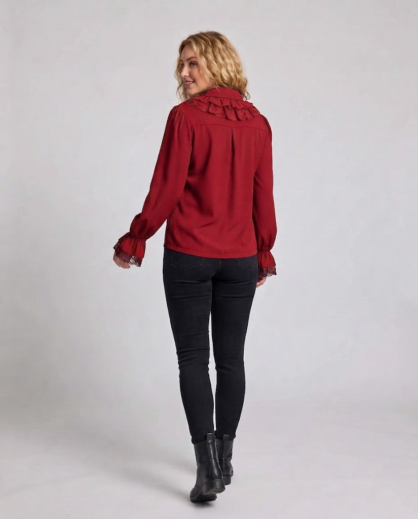 Women's Ruffled Blouse with Elegant Lace Accents Chichicherry
