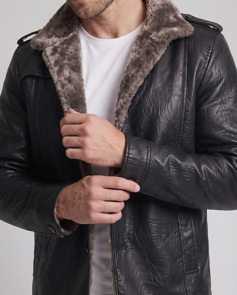 Men's faux leather pilot jacket with teddy fleece lining and shoulder epaulettes Chichicherry