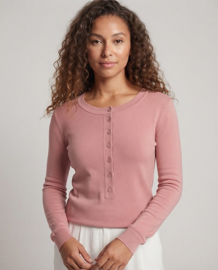 Ladies Fine Long Sleeve Henley made of fine knit with buttonable center placket and slim fit Chichicherry