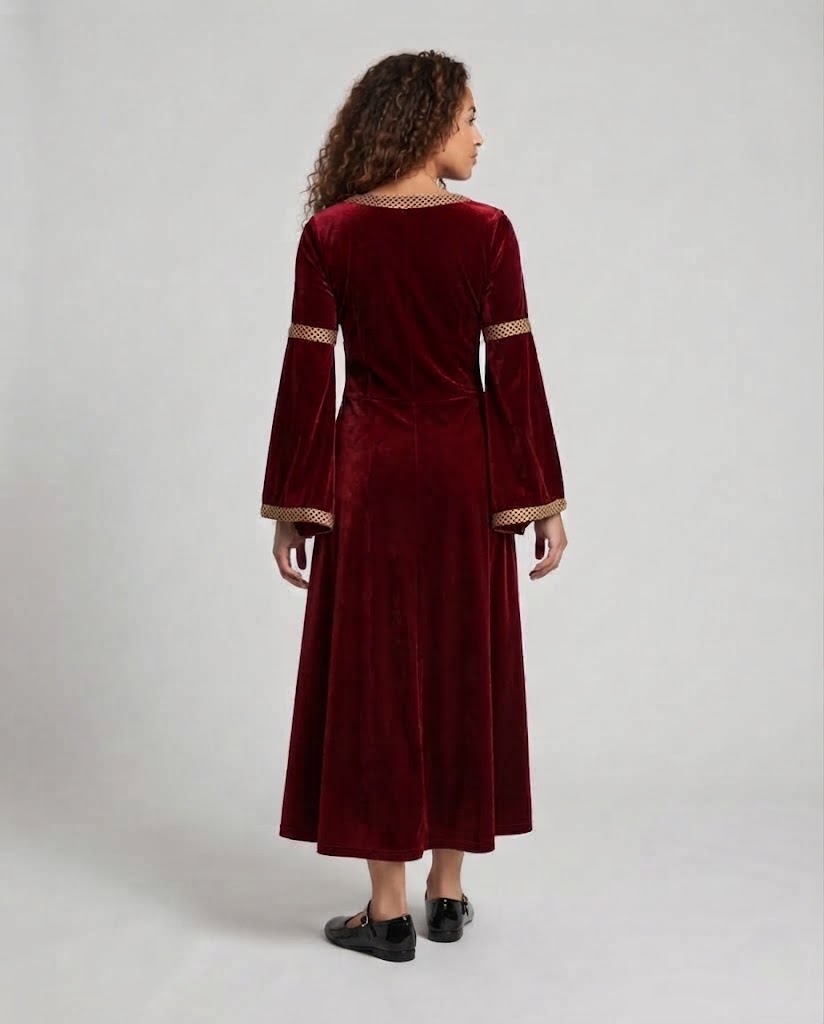Women Historical Velvet Dress with Flared Sleeves and Decorative Collar Chichicherry