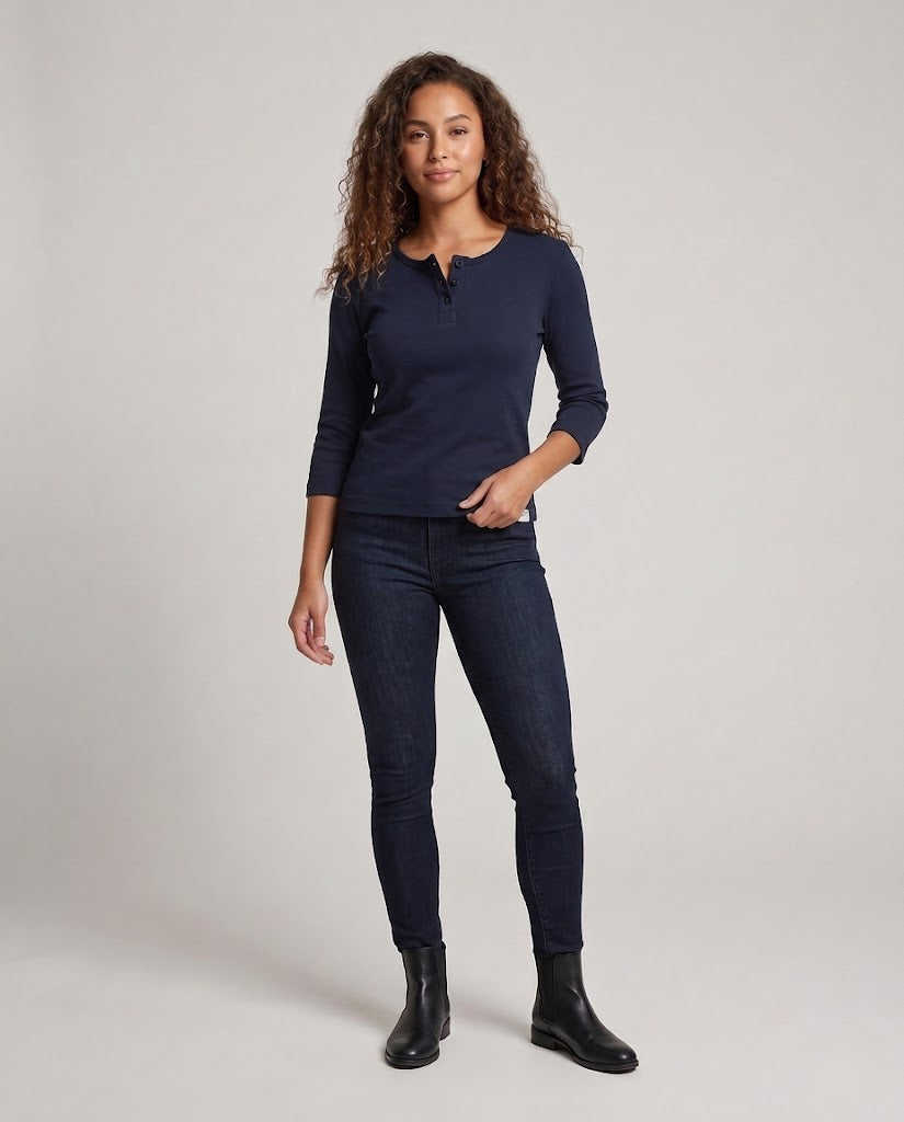 Women's Ribbed Henley Cropped Shirt with Three-Quarter Sleeves Chichicherry