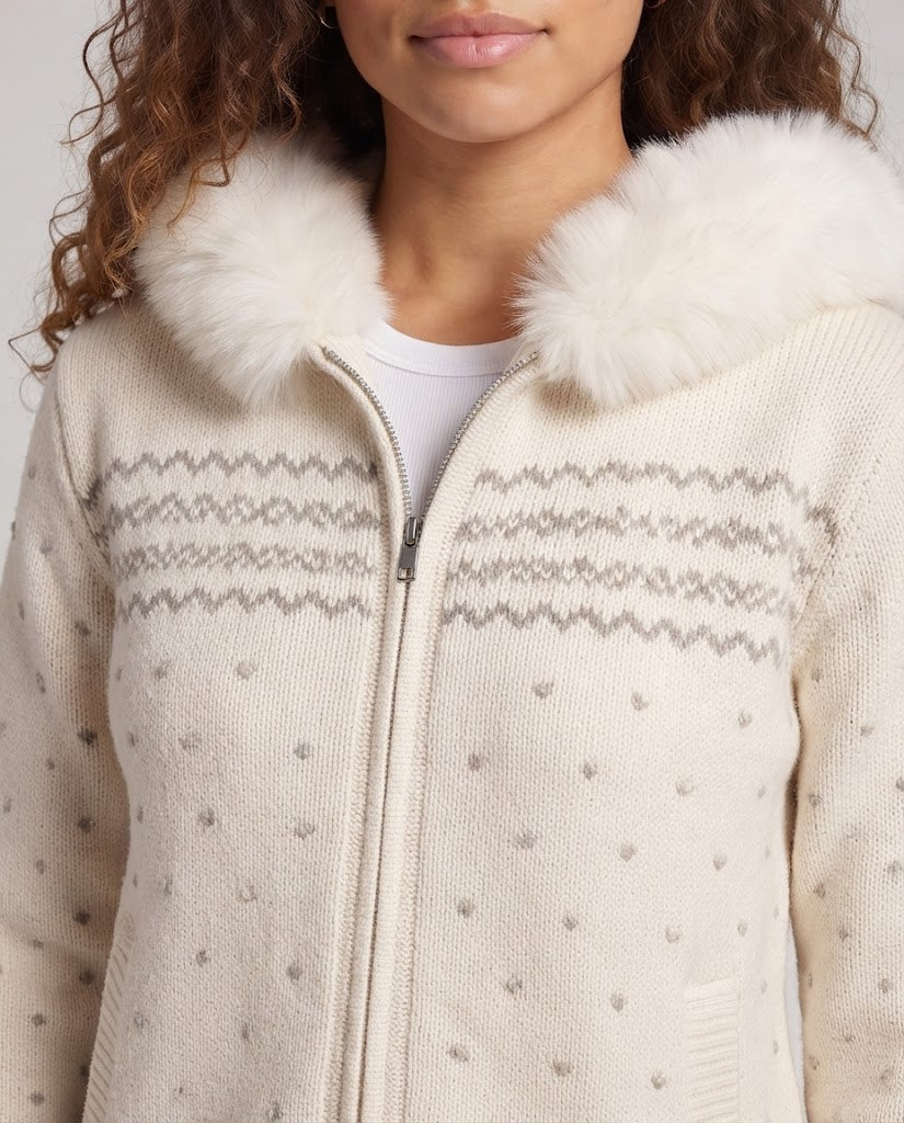 Women's Quilted Cardigan with Zipper and Faux Fur Hoodie Chichicherry