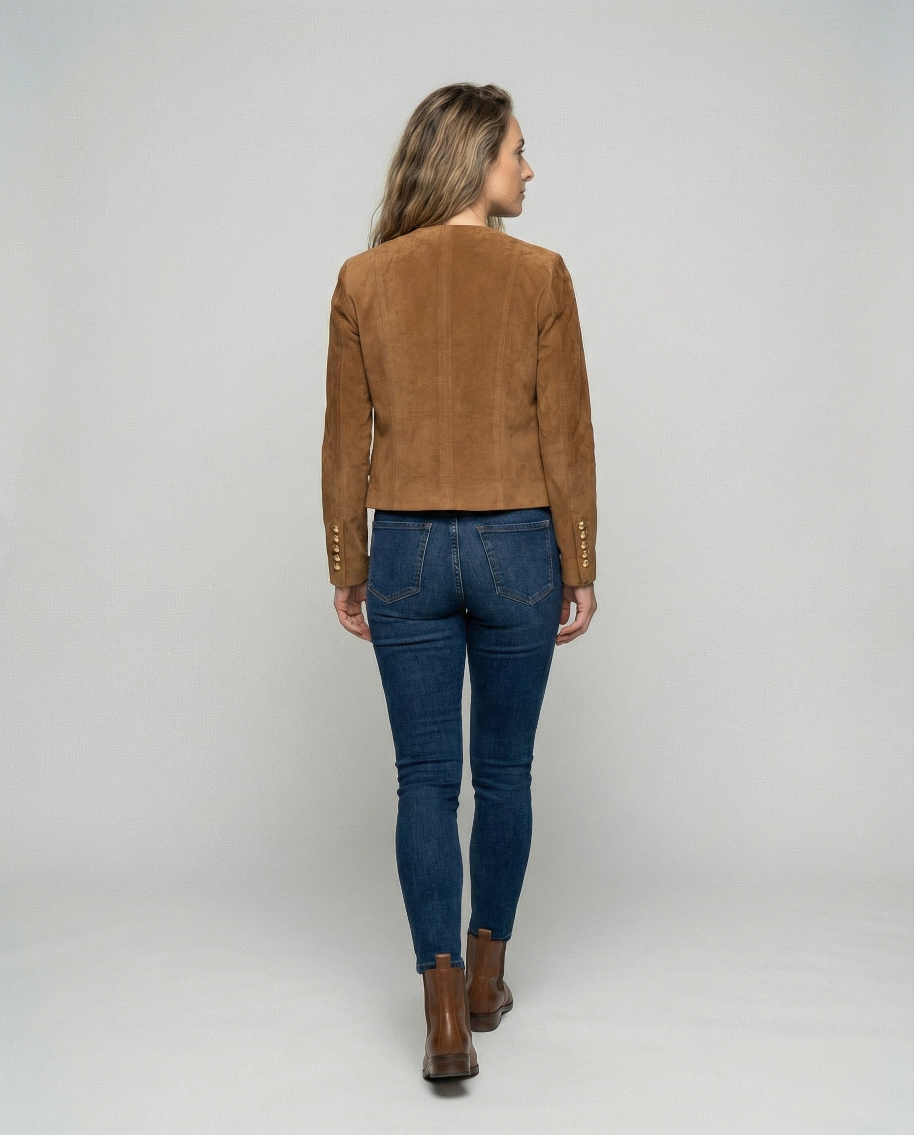 Women's suede jacket with gold buttons