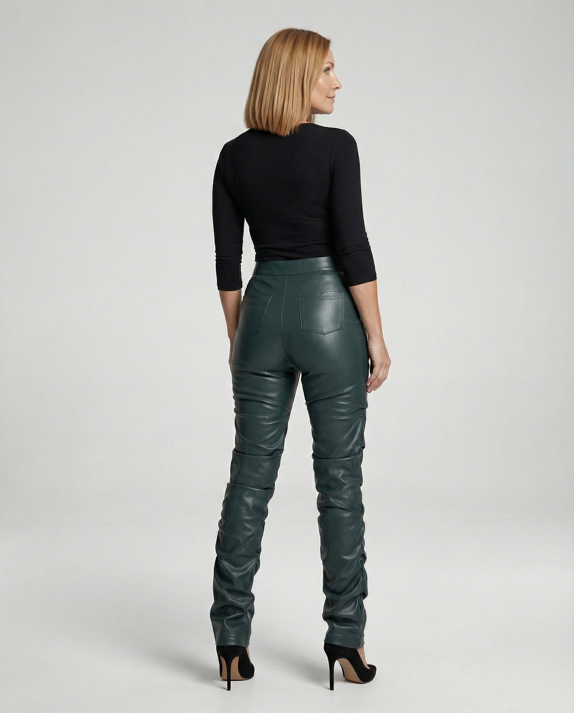 Ladies High-Waist Faux Leather Pants with Wide Leg