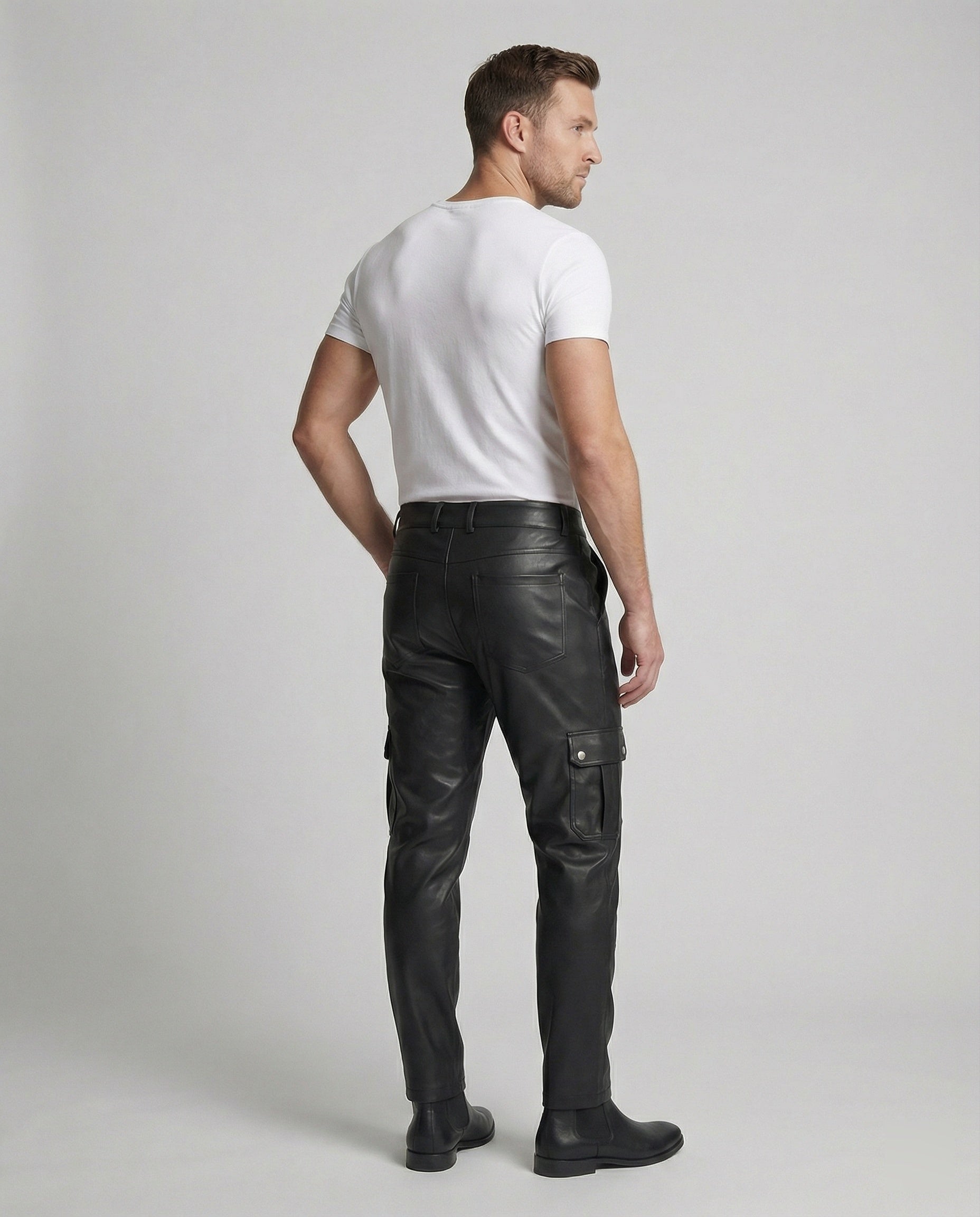 Men's Faux Leather Cargo Pants with Side Pockets