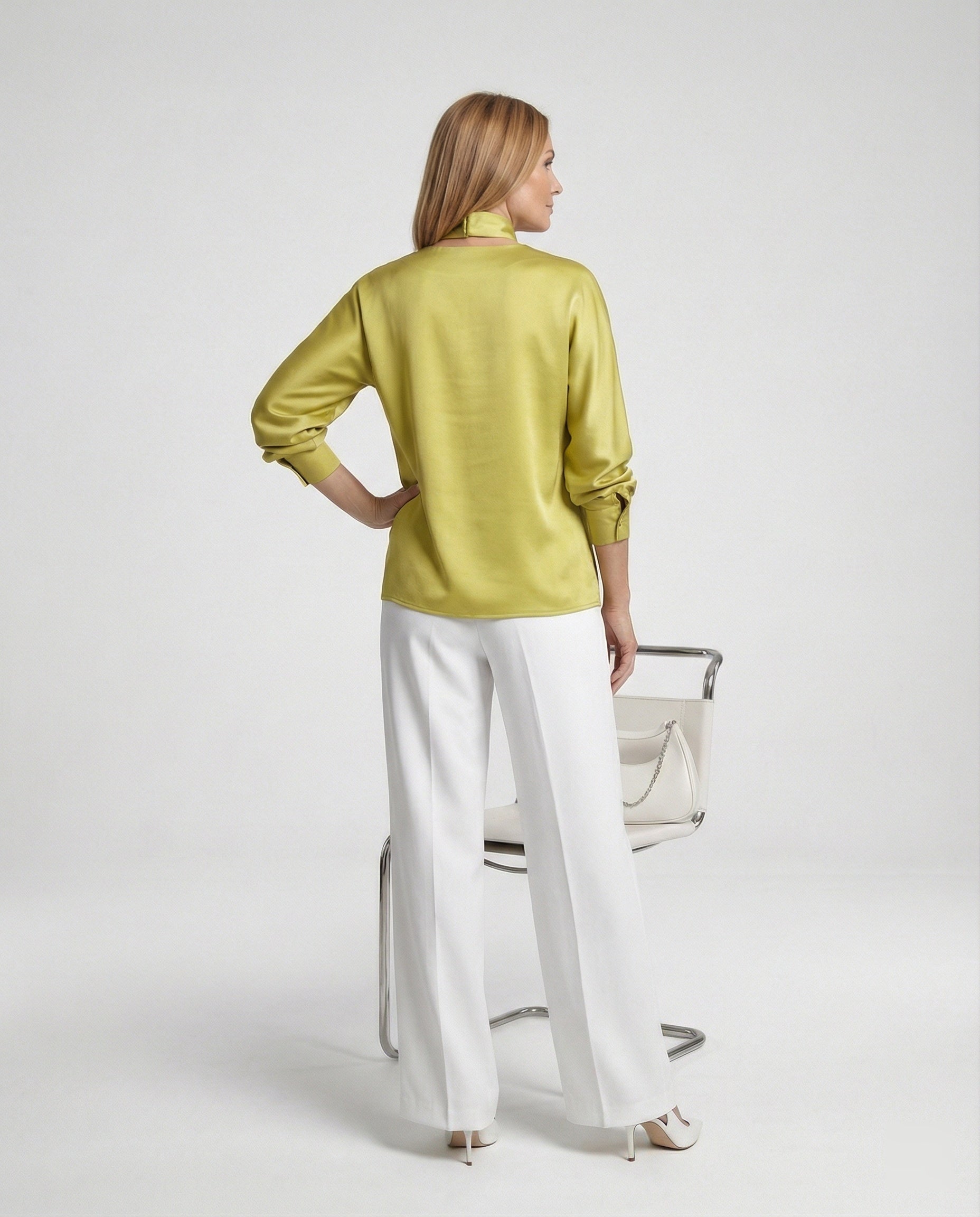 Women's satin blouse elegant with stand-up collar