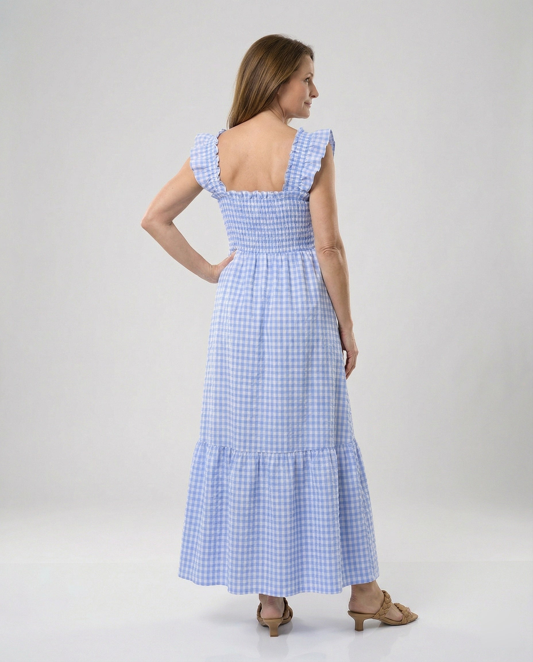 Ladies Vichy Maxi Dress with Smocked Bodice