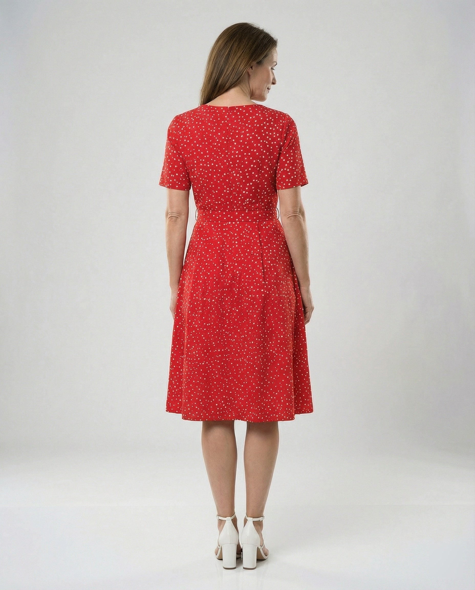 Women's Midi Dress with Waist Belt and Dots