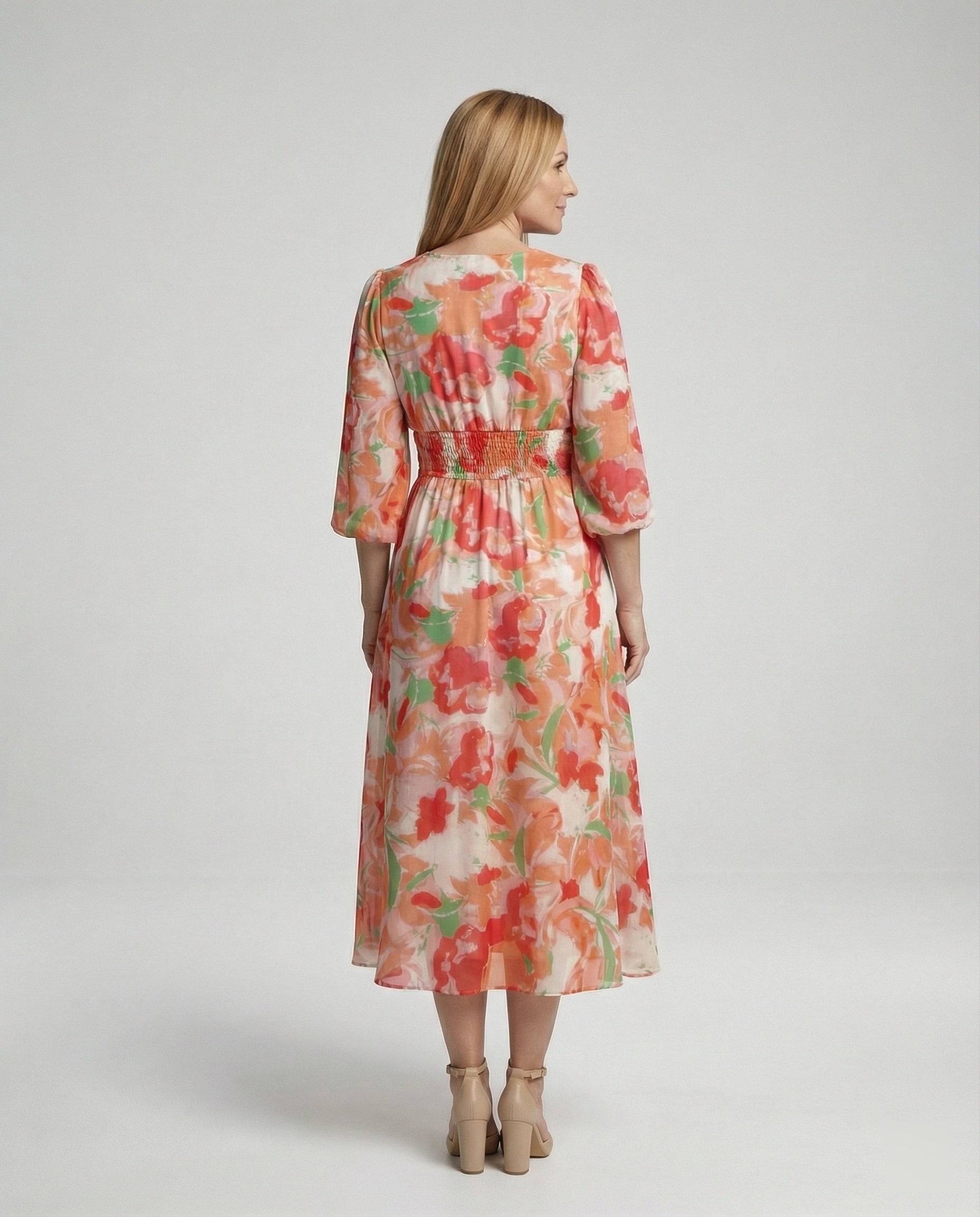 Women Midi Dress V-Neck Print