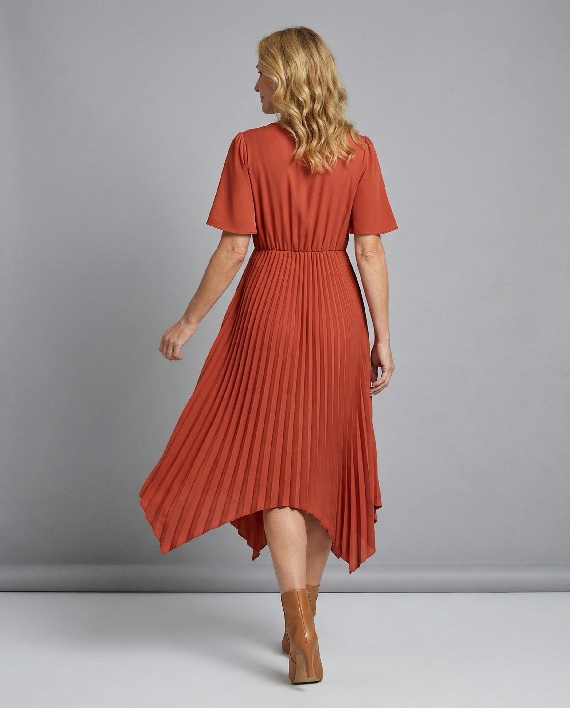 Ladies Midi Dress Pleated with V Neck