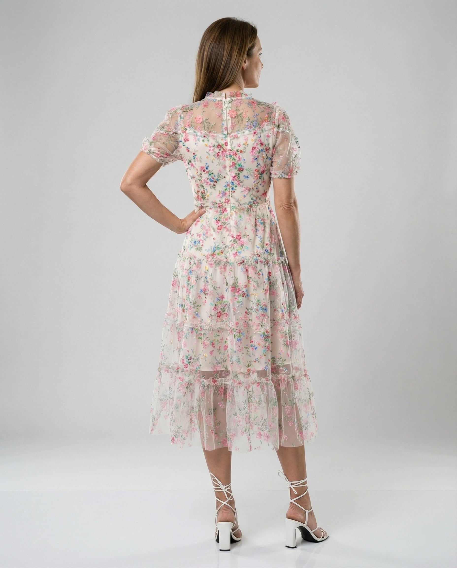 Women Tulle Midi Dress with Lace Elegant