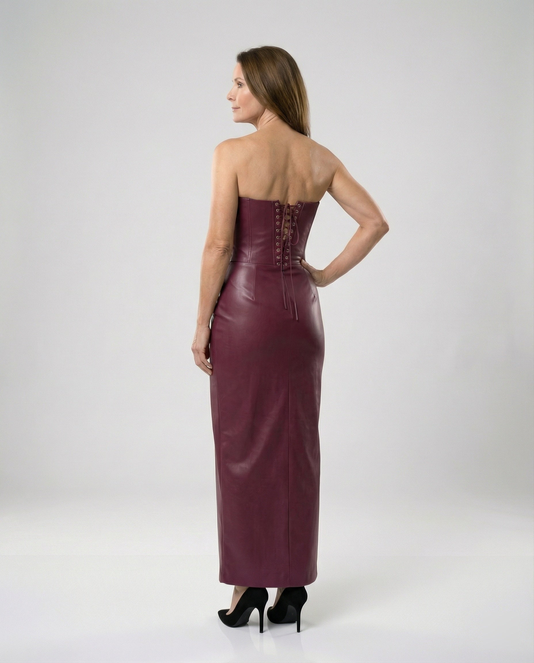 Women's long-sleeved leather dress with heart neckline