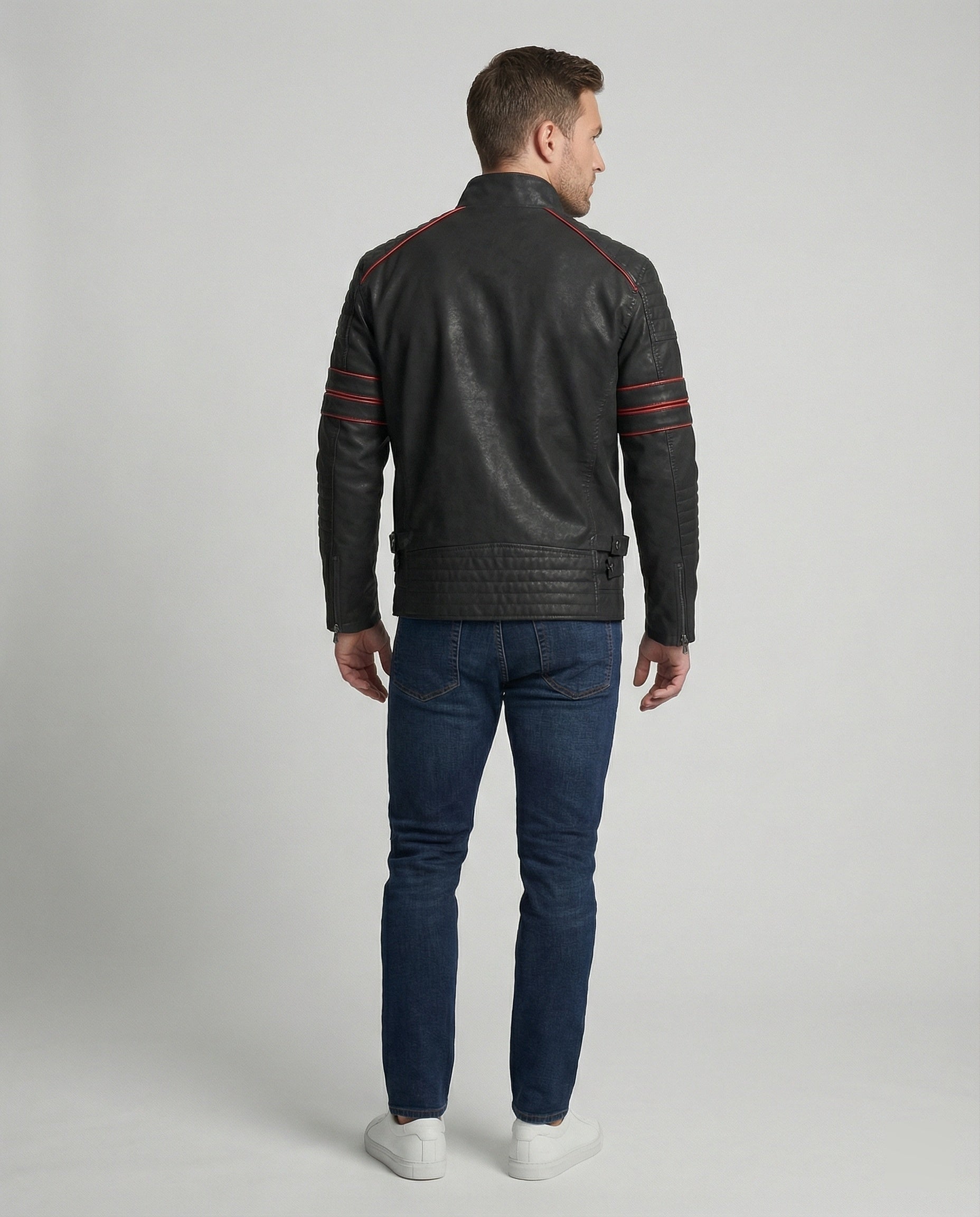 Men's Biker Leather Jacket with Quilting