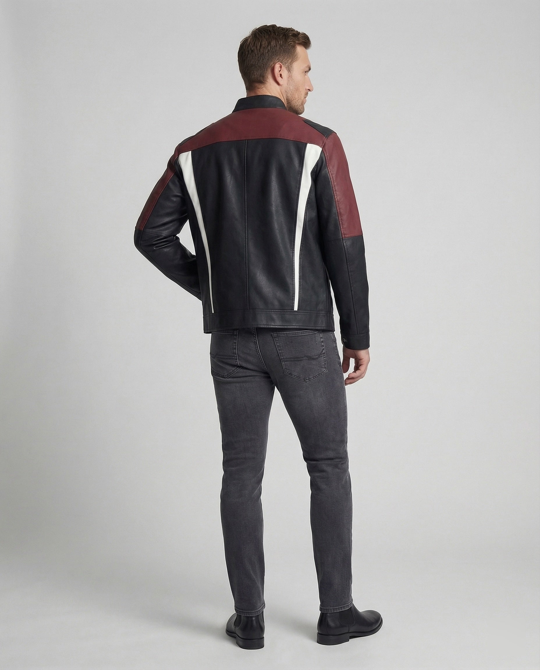 Men's Panel Leather Jacket Stand-up Collar