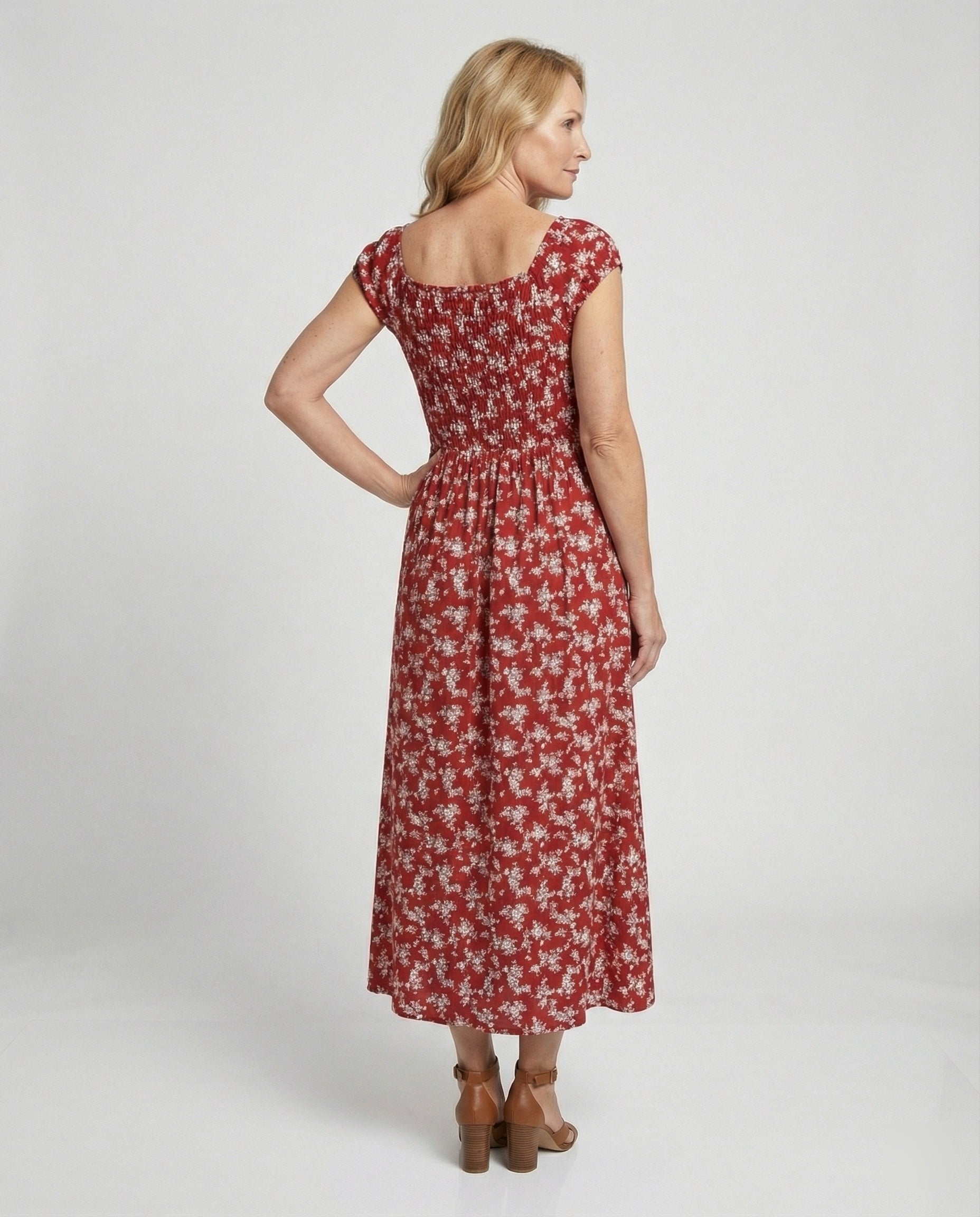 Ladies Midi Dress Smock Waist Summer