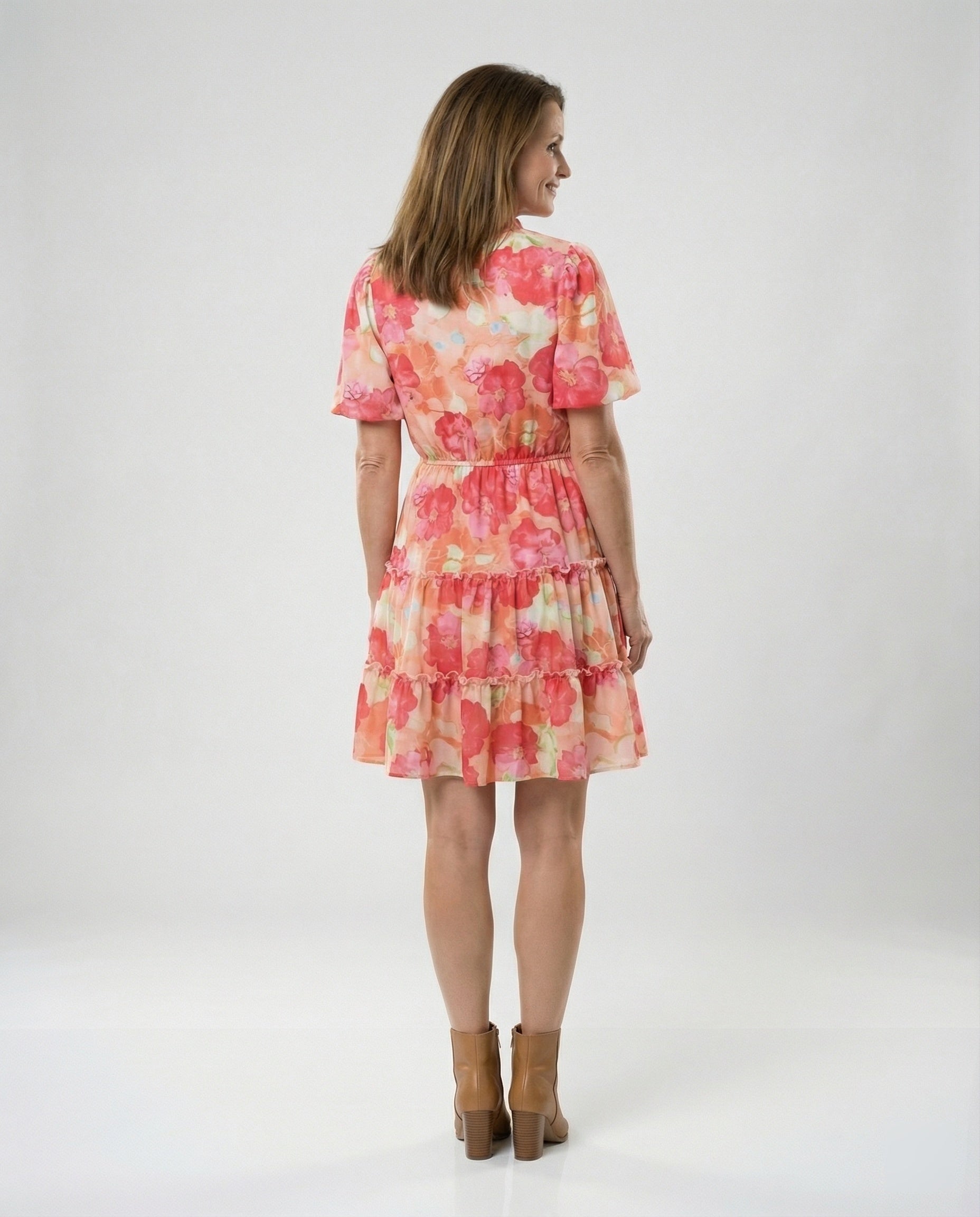 Ladies Tiered Mini Dress with Puff Sleeves