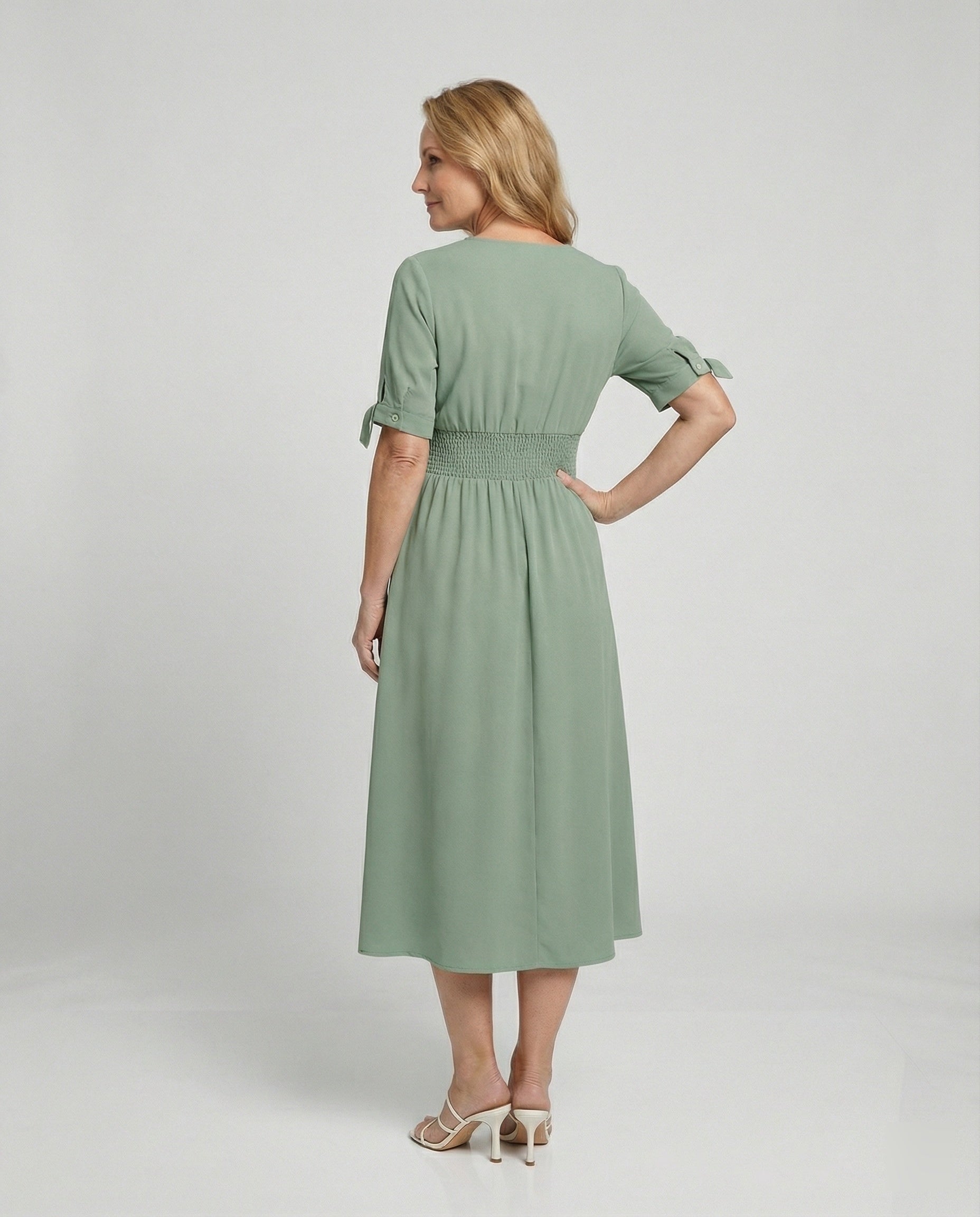 Women's midi dress with V-neck and button placket