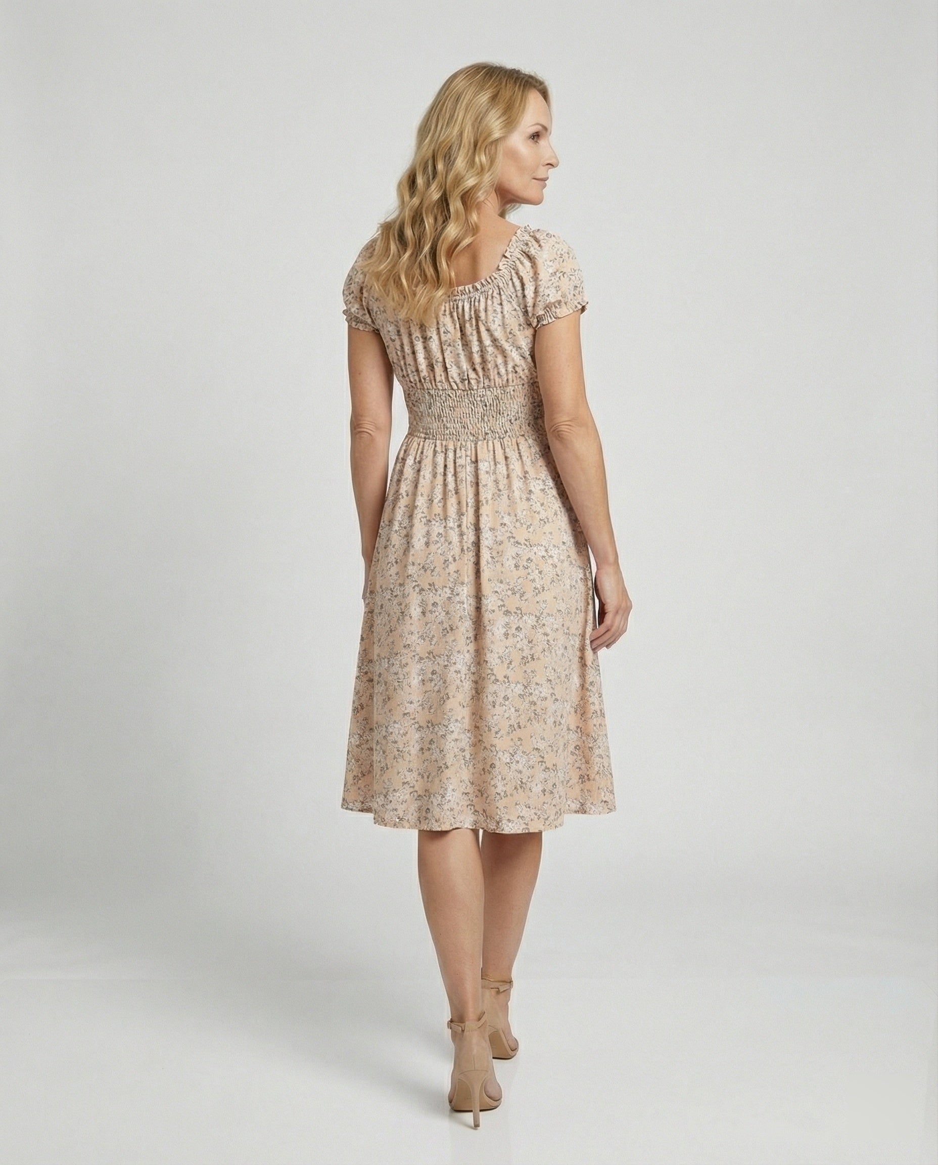 Women's Midi Dress Smocked with Puff Sleeves