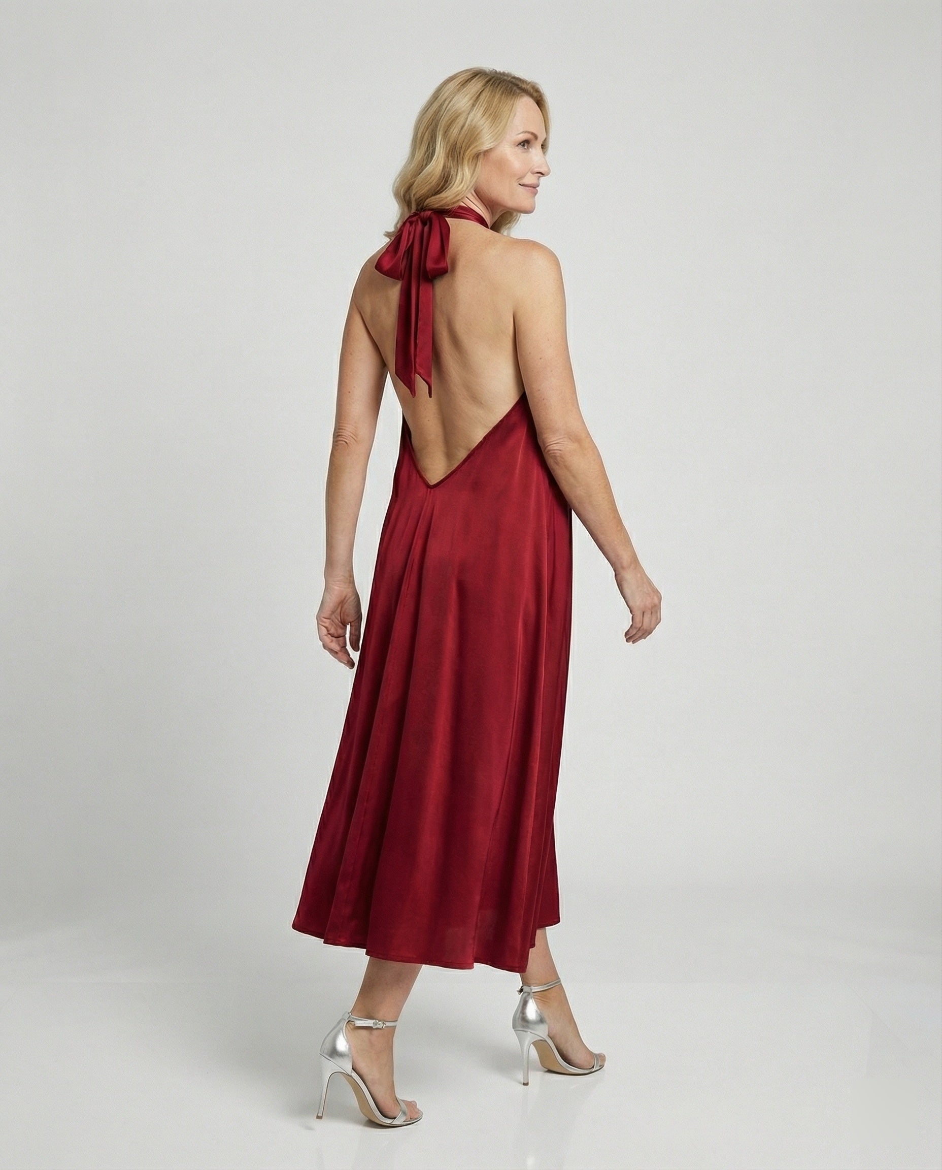 Women's Satin Midi Dress with Back Cutout