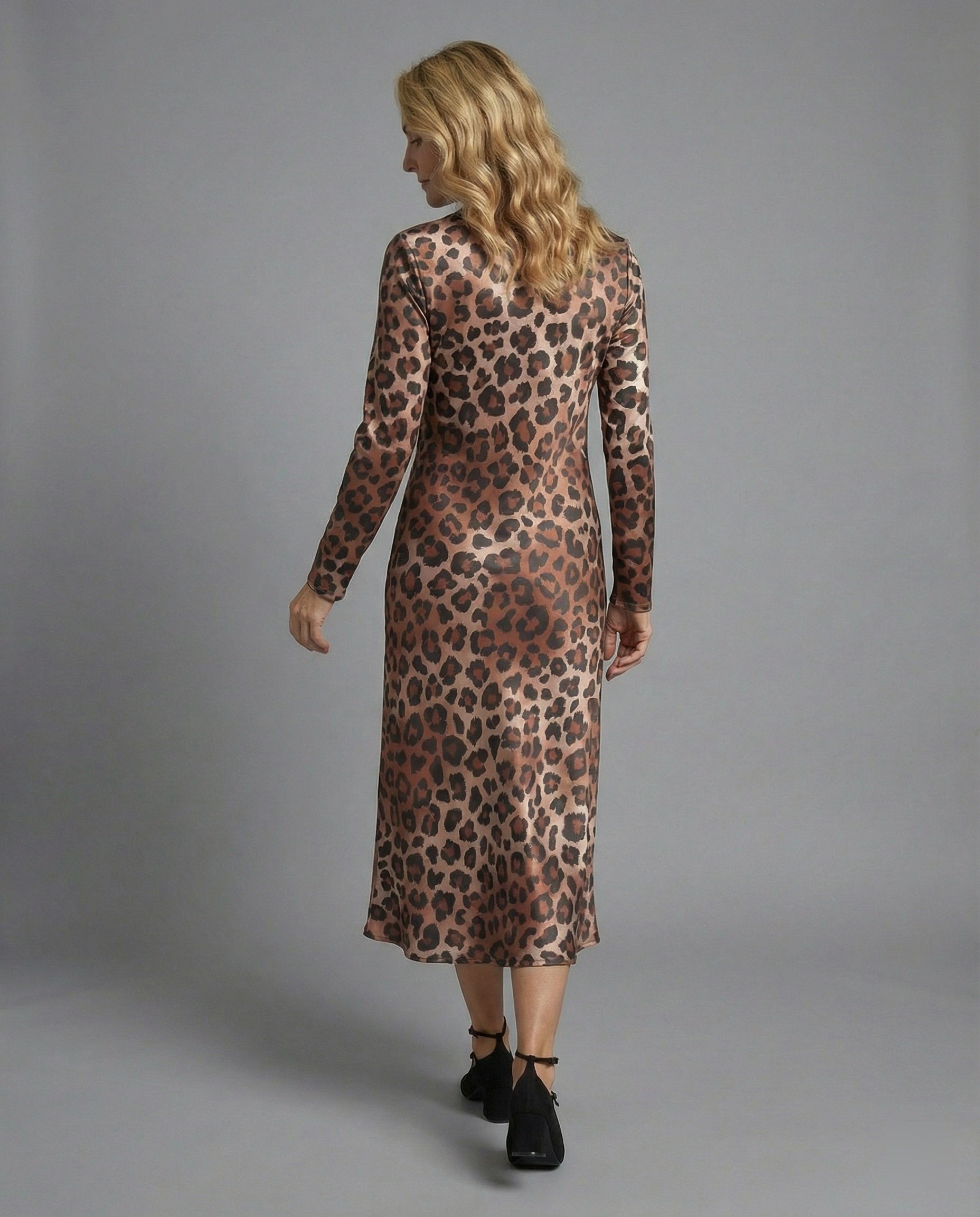 Women Midi Dress Satin Leopard Print