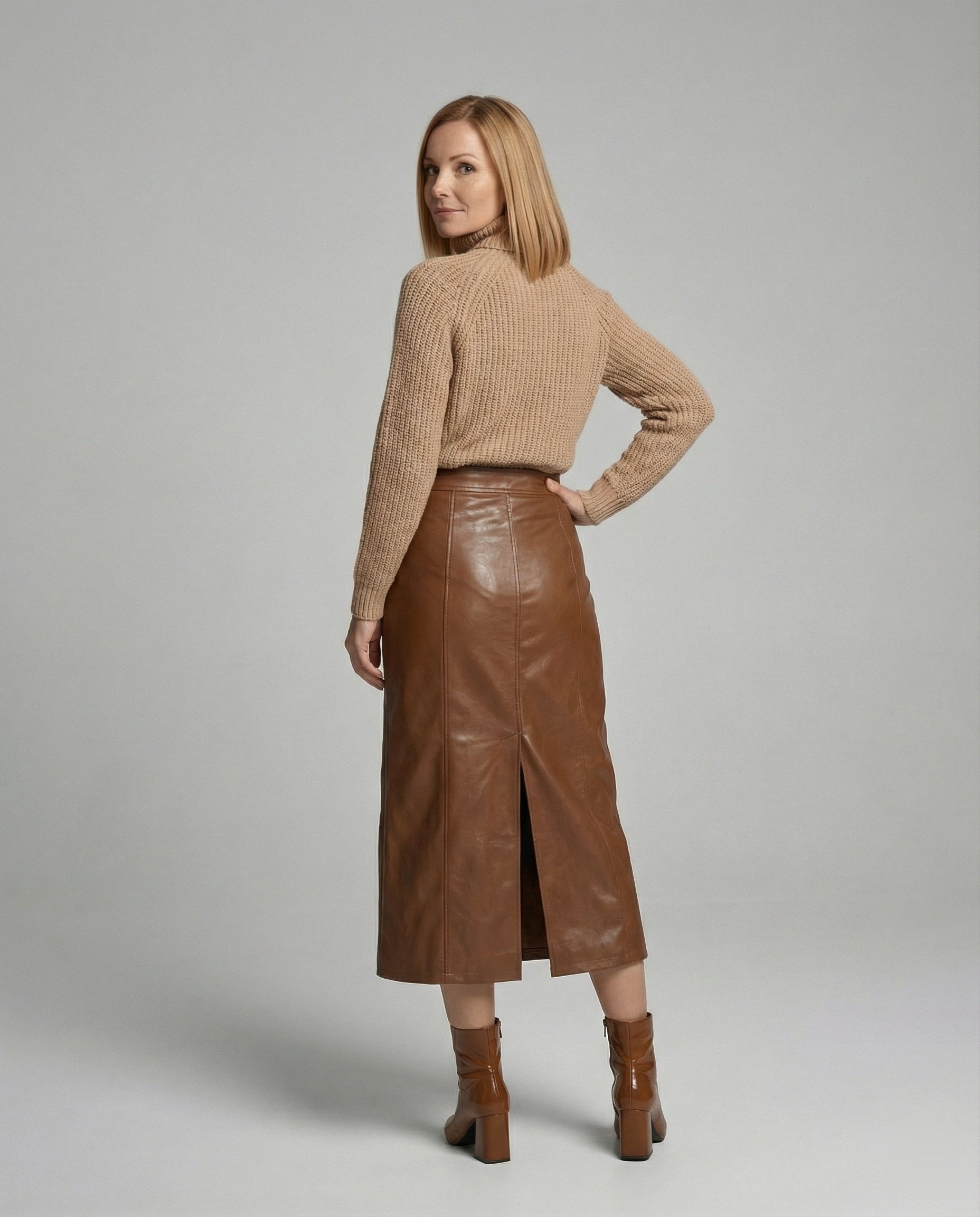 Ladies long leather skirt with button placket