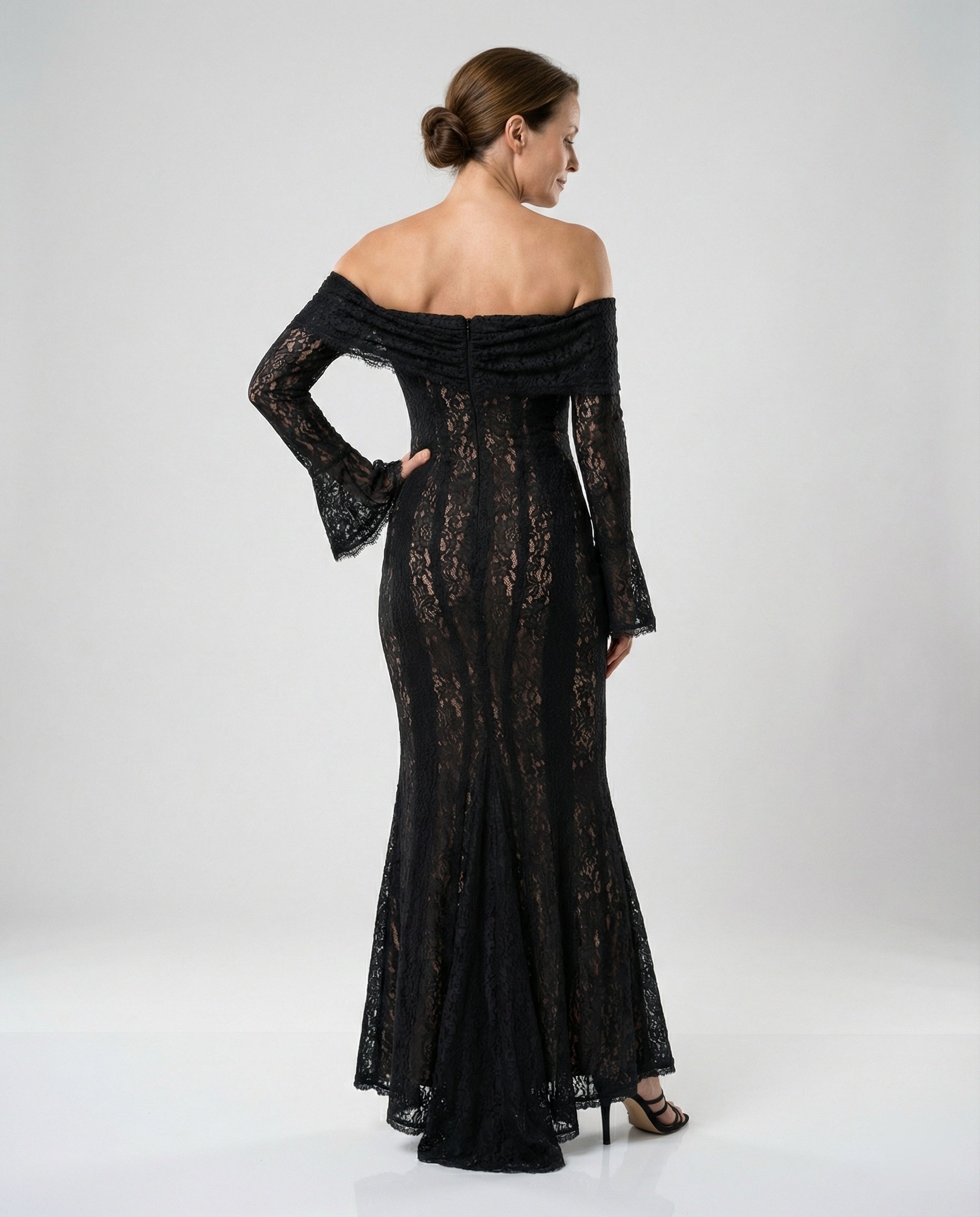 Long Sleeve Evening Dress with Off-Shoulder Lace