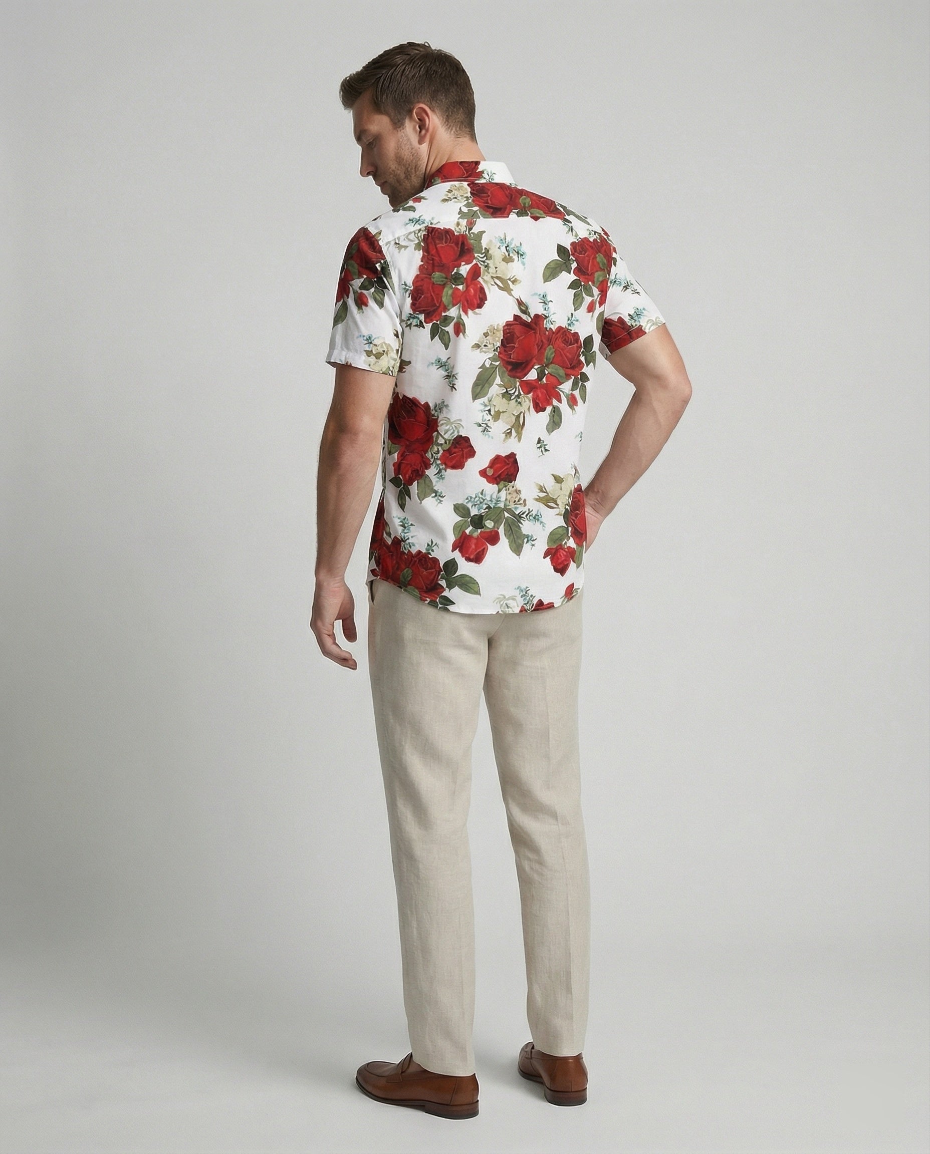 Short sleeve shirt men floral pattern linen look