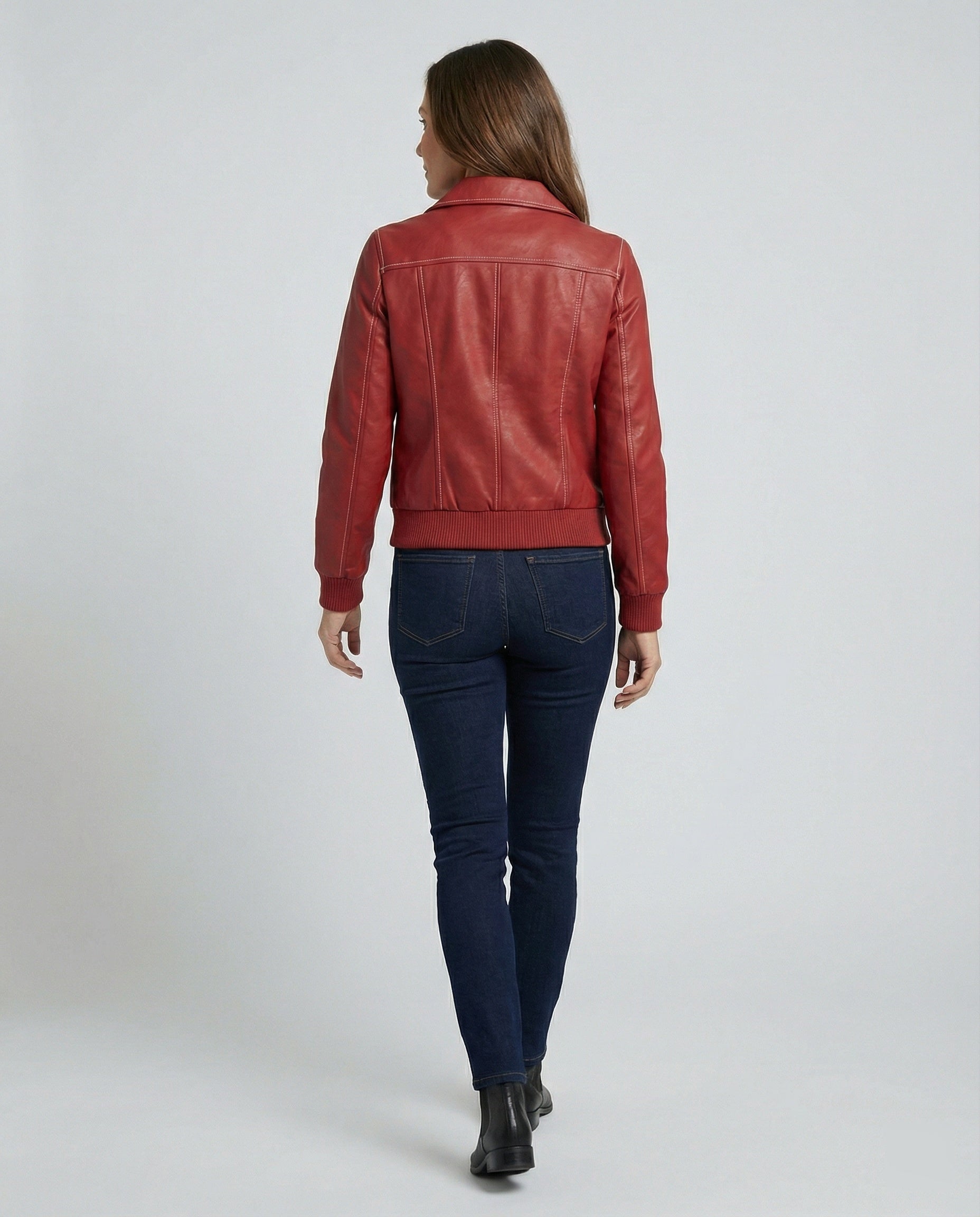 Women's elegant faux leather jacket with high collar