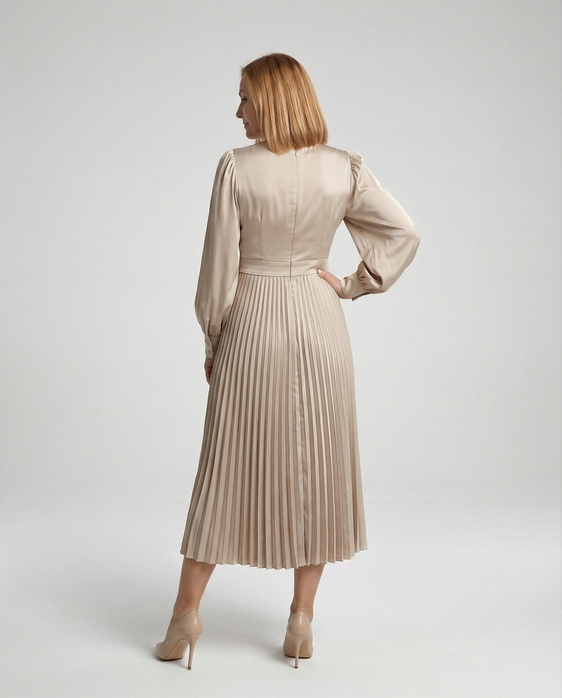 Women's Midi Dress Pleated Satin Look