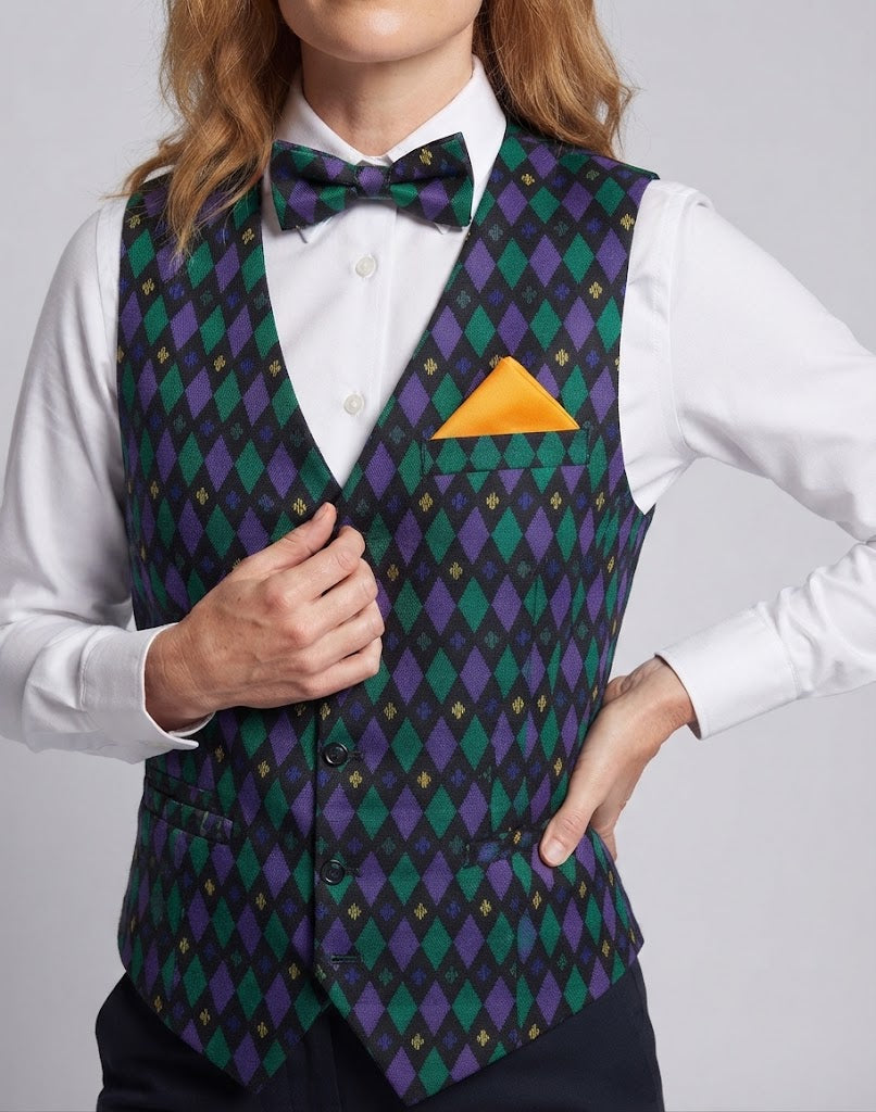 Ladies festive waistcoat with colorful checked pattern and matching accessories Chichicherry