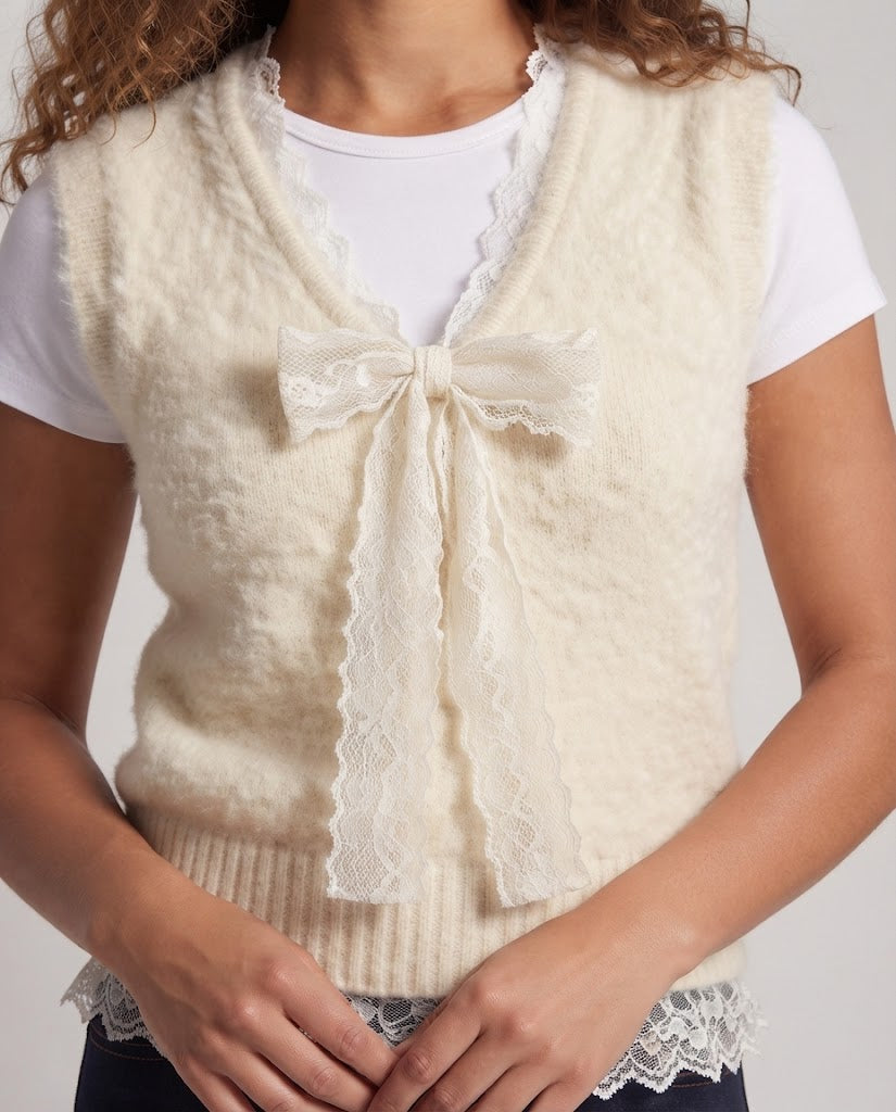 Women's Sleeveless Fleece Vest with Lace Insert and Decorative Bow Brooch Chichicherry
