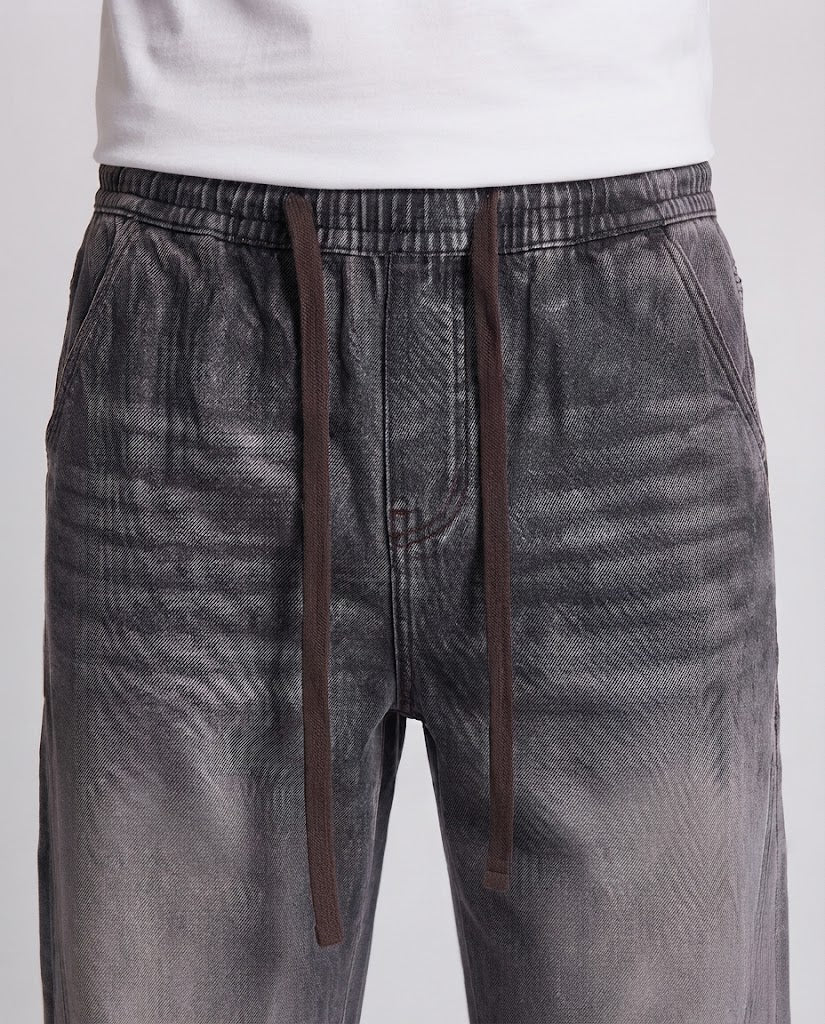 Men's Loose Stonewash Denim Pants with Drawstring and Contrast Stitching Chichicherry