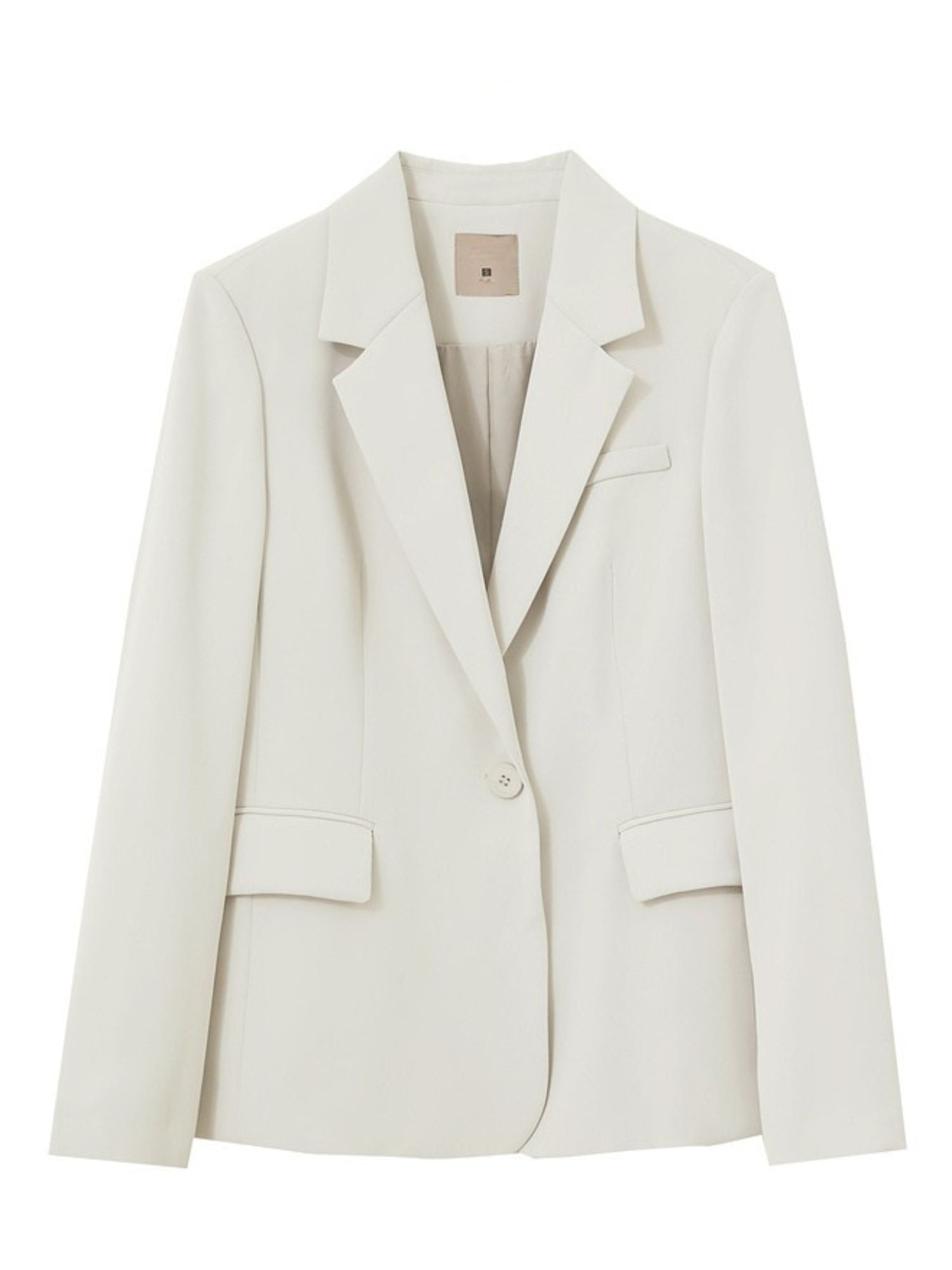 Flat-lay front of cream blazer showing single-button front and flap pockets