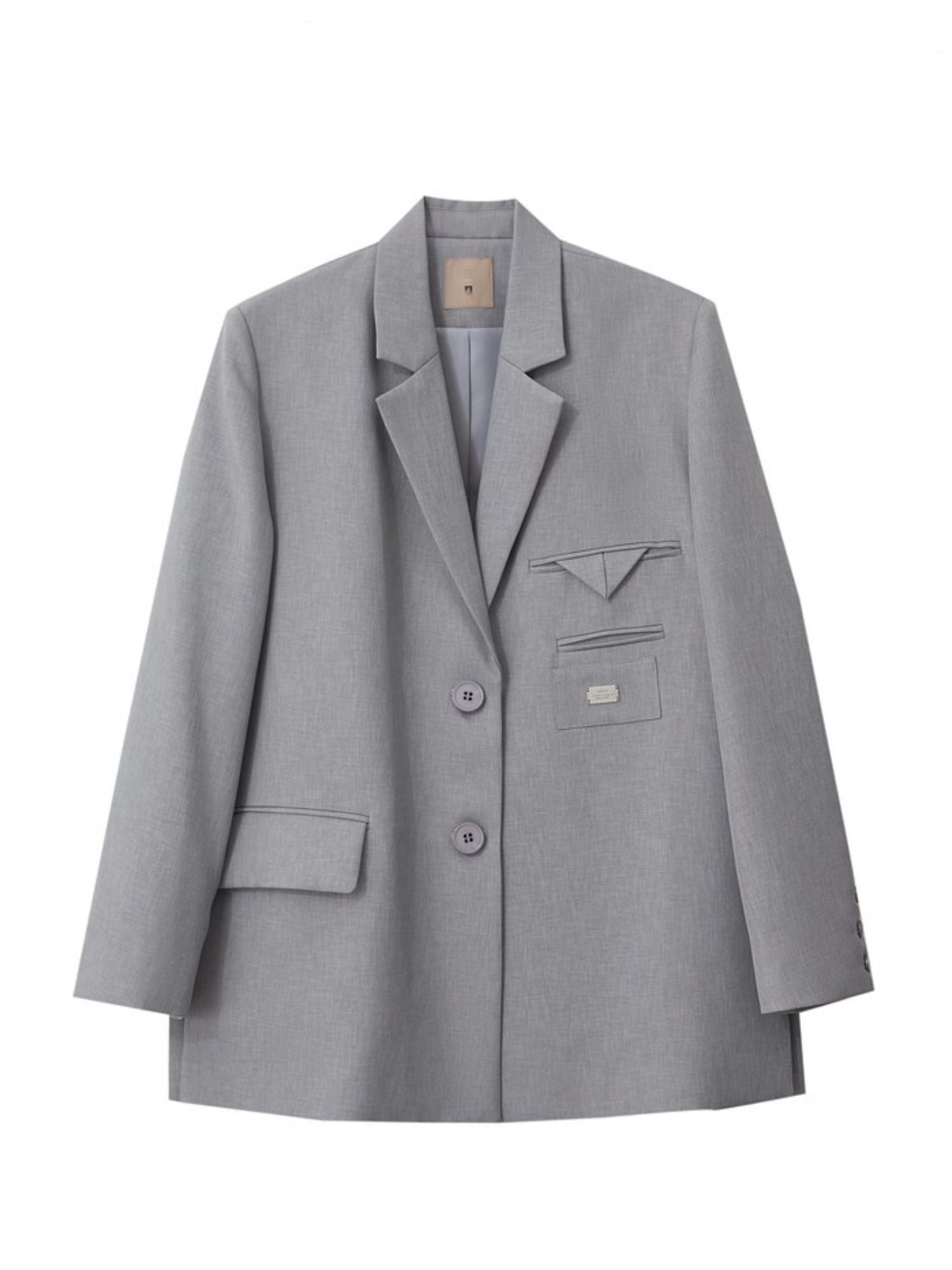 Flat-lay front view of light grey blazer with peak lapels and flap pockets