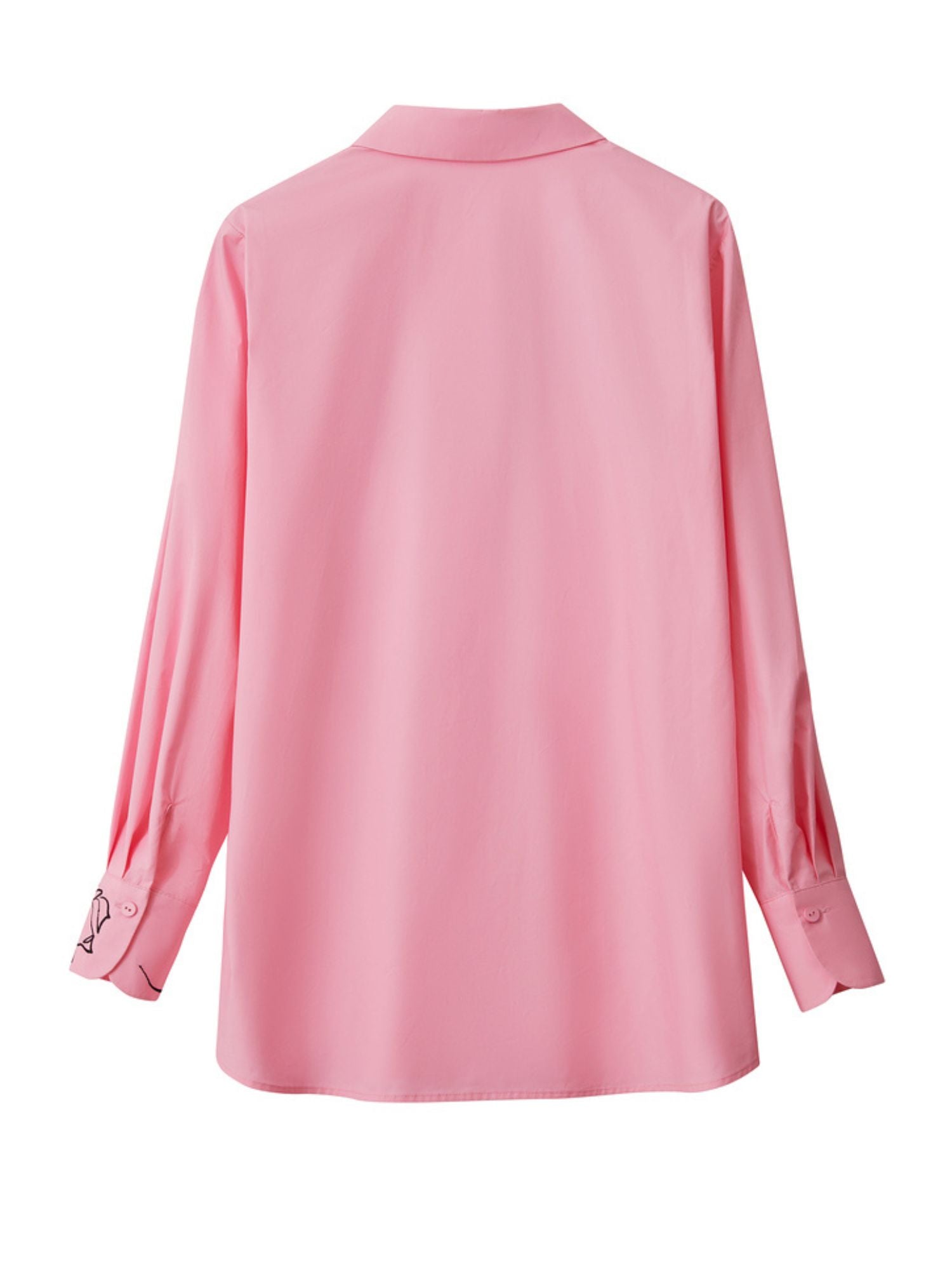 Flat-lay back of pink embroidered shirt showing collar and relaxed silhouette