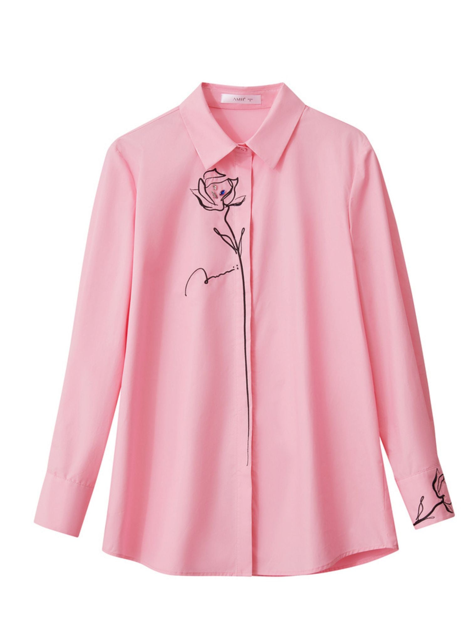 Flat-lay front of pink blouse with embroidered rose detail along placket