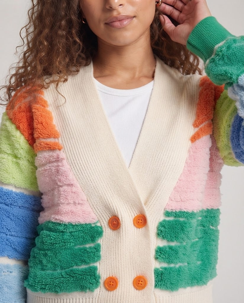 Women short-cut bouclé cardigan with contrasting block stripes and deep V-neck Chichicherry